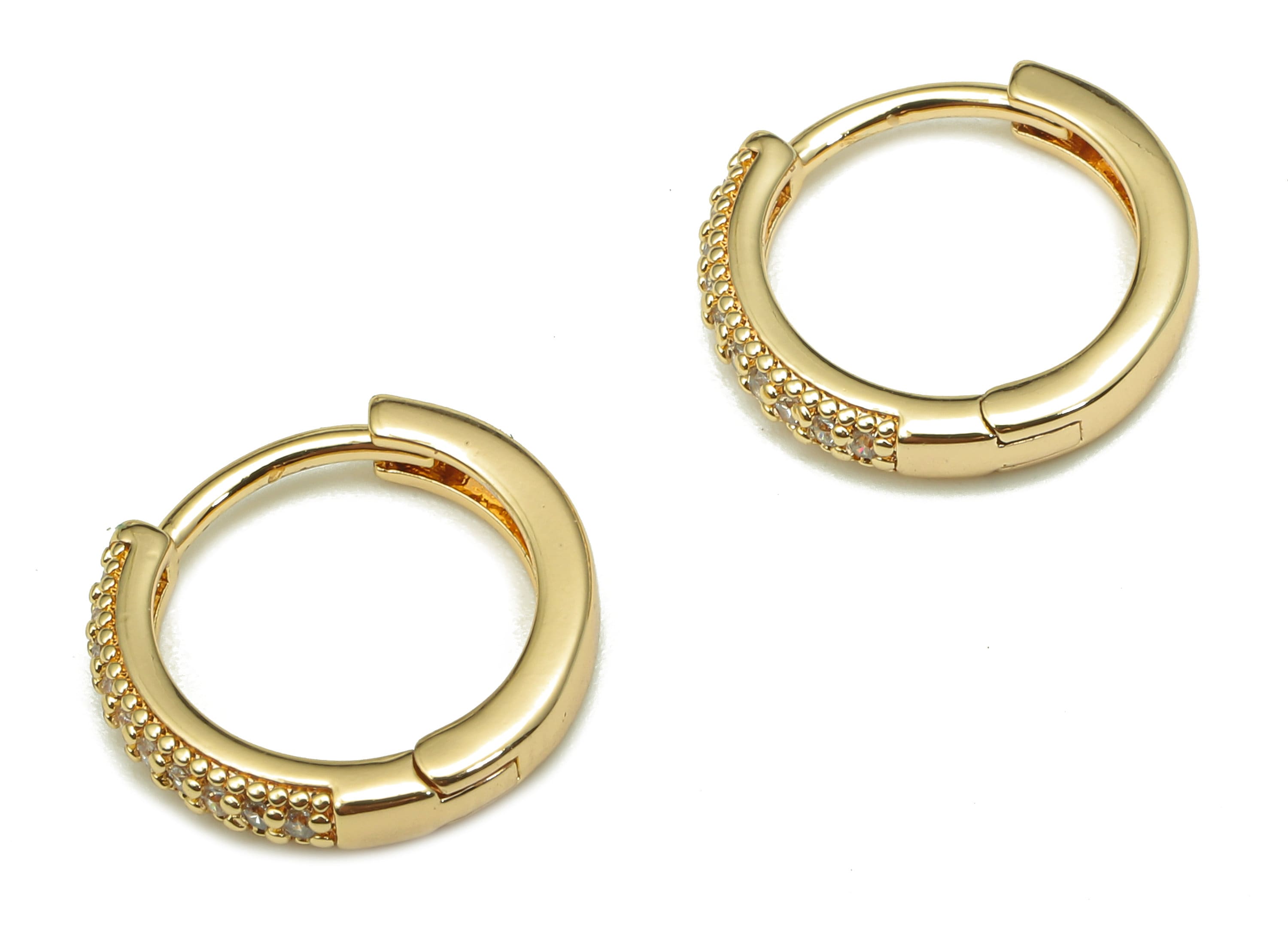 Brass Round Huggie Earring Clasp - Gold Huggie Hoop Earring - Circle Hoop With Zircons - 18K Real Gold Plating - 14.3x14.3x2.4mm - RGP5249 - DOMEDBAZAAR
