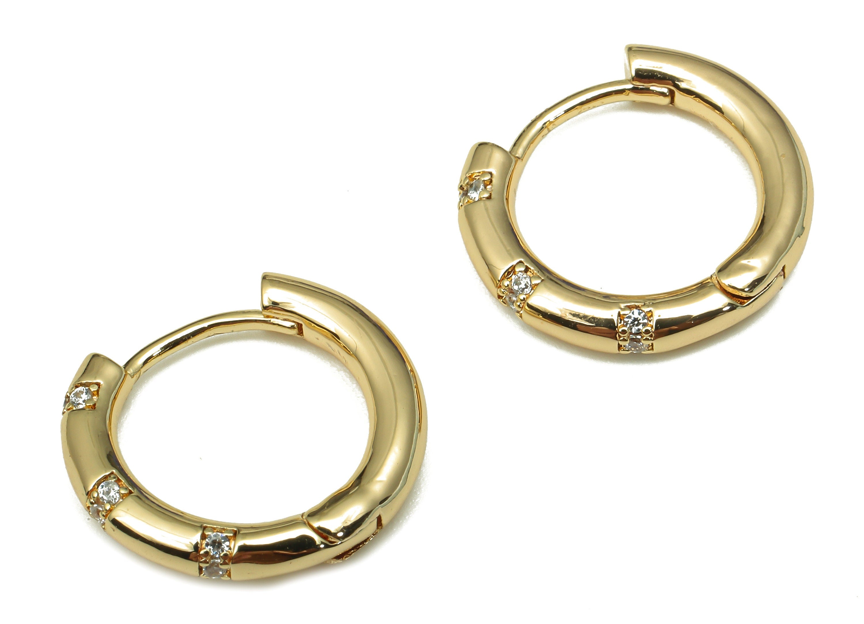 Brass Round Huggie Earring Clasp - Thick Huggie Hoop Earring - Circle Hoop With Zircons - 18K Real Gold Plating - 15.8x15.8x2.5mm - RGP5252 - DOMEDBAZAAR