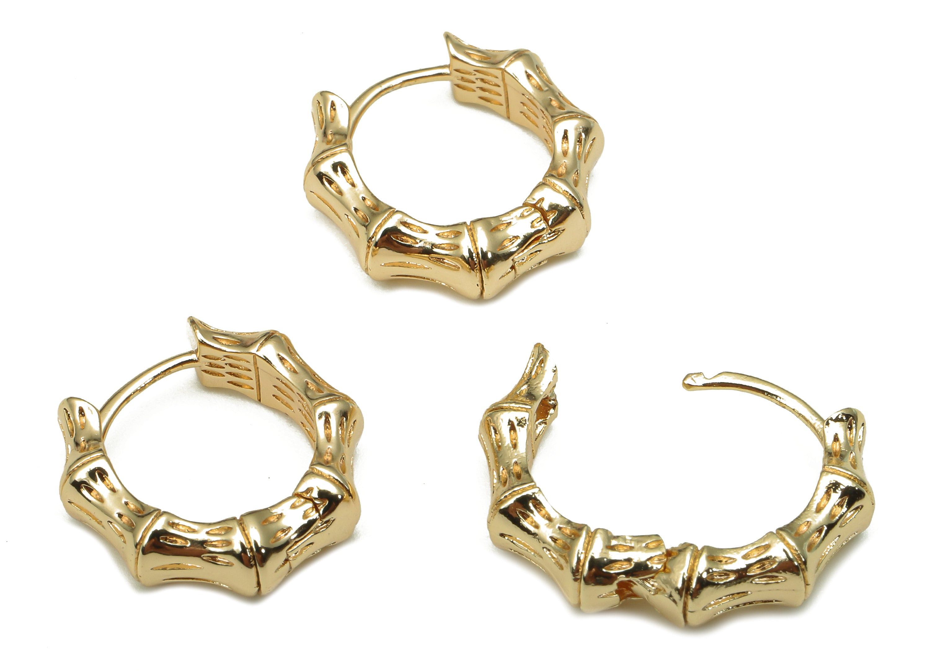 Brass Round Bamboo Earring Clasp - Gold Huggie Hoop Earring - Huggie Circle Bamboo Hoop - 18K Real Gold Plating - 14.3x14.3x4.6mm - RGP5253 - DOMEDBAZAAR