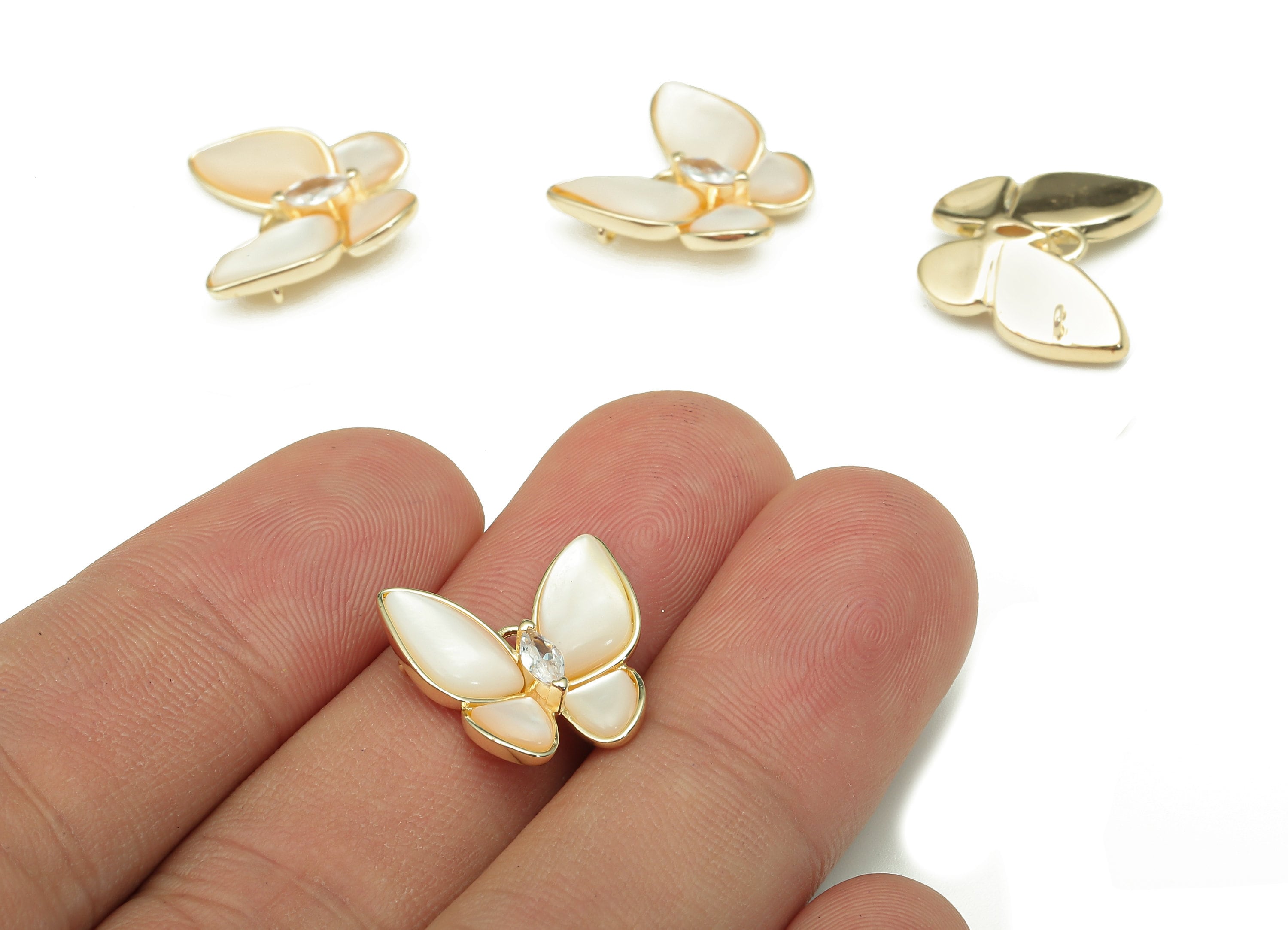 Brass Butterfly Pendant - MOP Shell Zircon Earring - Mother of Pearl For Necklace - 18K Real Gold Plating Charm - 16x15.6x1.8mm - RGP5259 - DOMEDBAZAAR