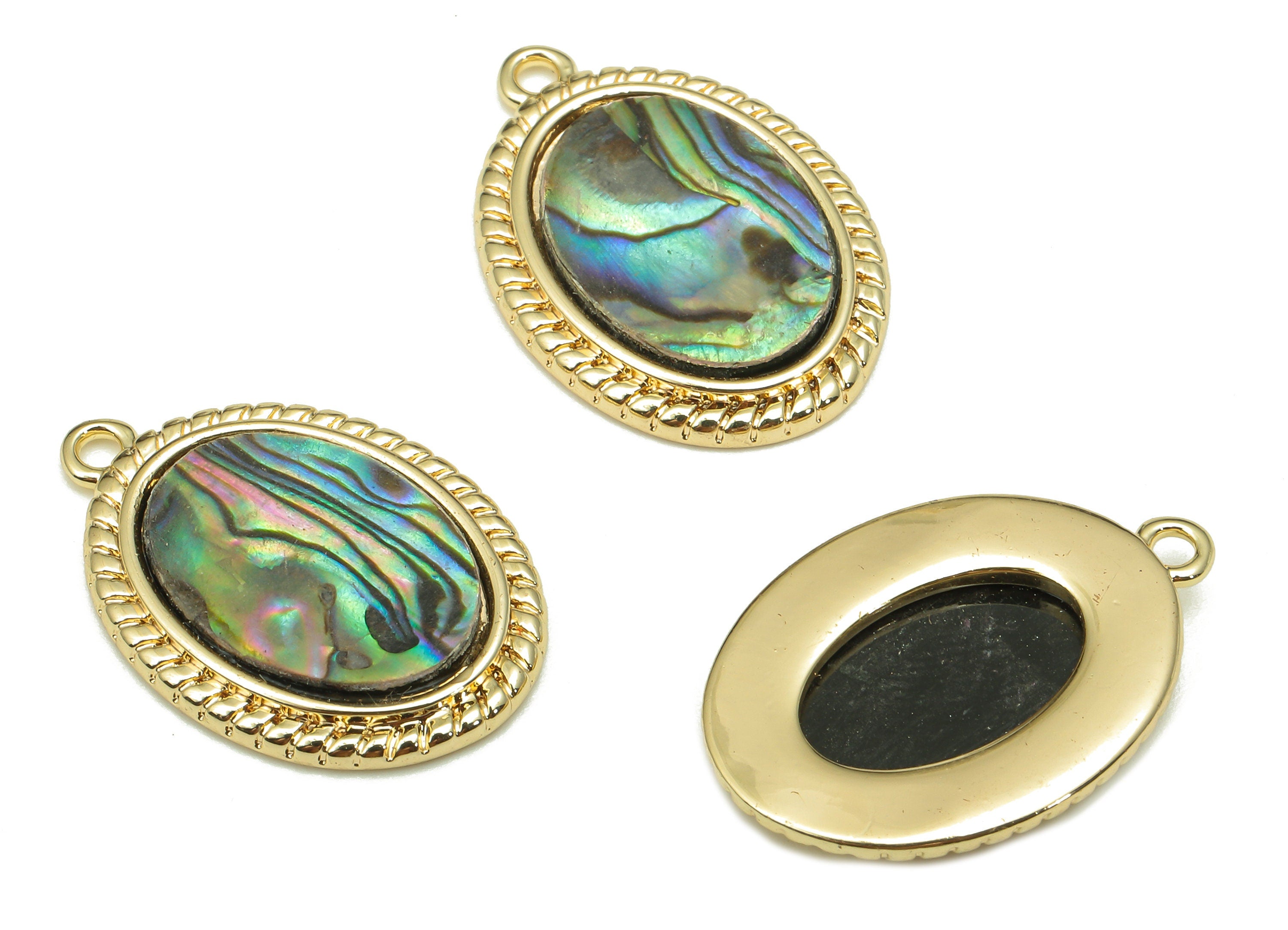 Brass Oval Earring - Abalone Shell Charm - Pendant With Loop - For Necklace - 18K Real Gold Plating - 21.9x15.1x2.6mm - RGP5265 - DOMEDBAZAAR