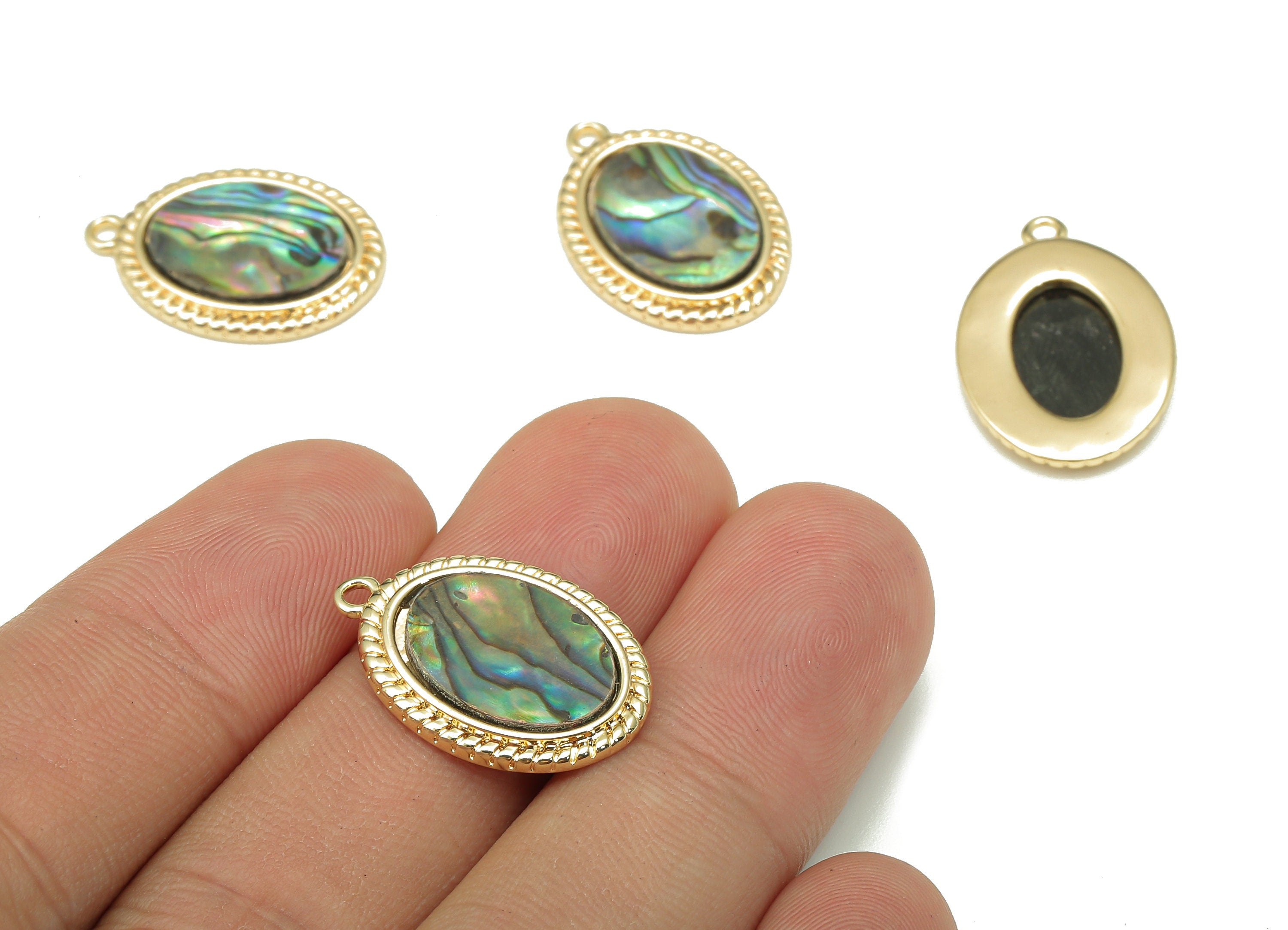 Brass Oval Earring - Abalone Shell Charm - Pendant With Loop - For Necklace - 18K Real Gold Plating - 21.9x15.1x2.6mm - RGP5265 - DOMEDBAZAAR