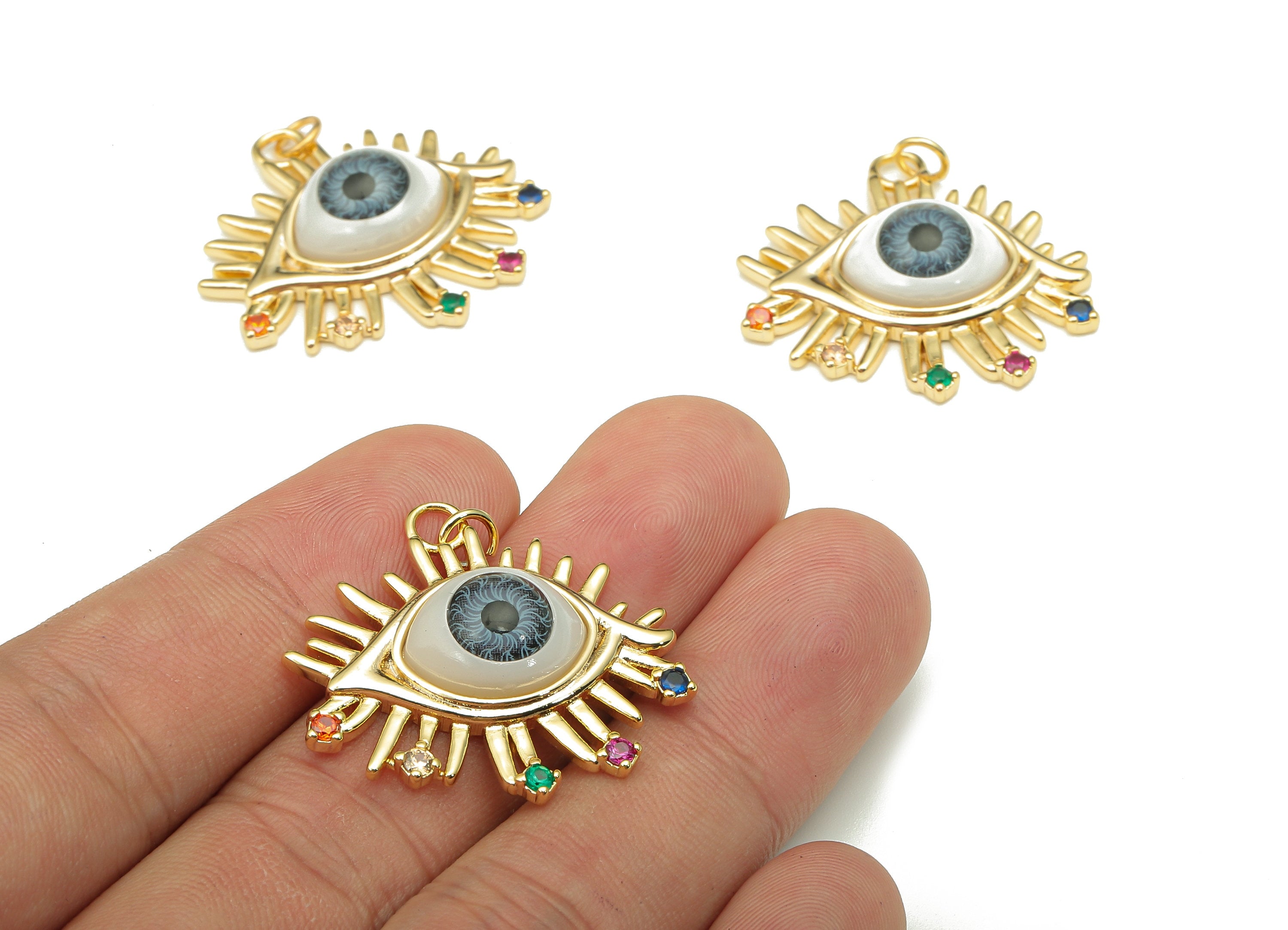 Brass Acrylic Eye Charm - Rainbow Zircon Grey Eyeball Earring - Eyelash Pendant With Loop - 18K Real Gold Plating - 31.3x28.3x7.5mm -RGP5268 - DOMEDBAZAAR