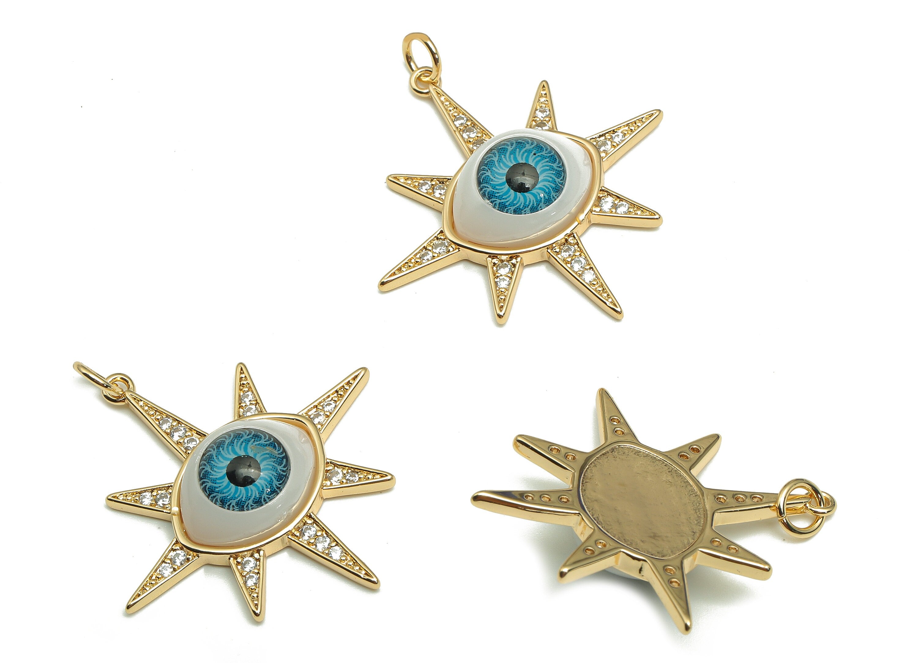 Brass Acrylic Star Eye Charm - Zircon Blue Eyeball Earring - Eyelash Pendant With Loop - 18K Real Gold Plating - 35.7x30.7x7.1mm - RGP5269 - DOMEDBAZAAR