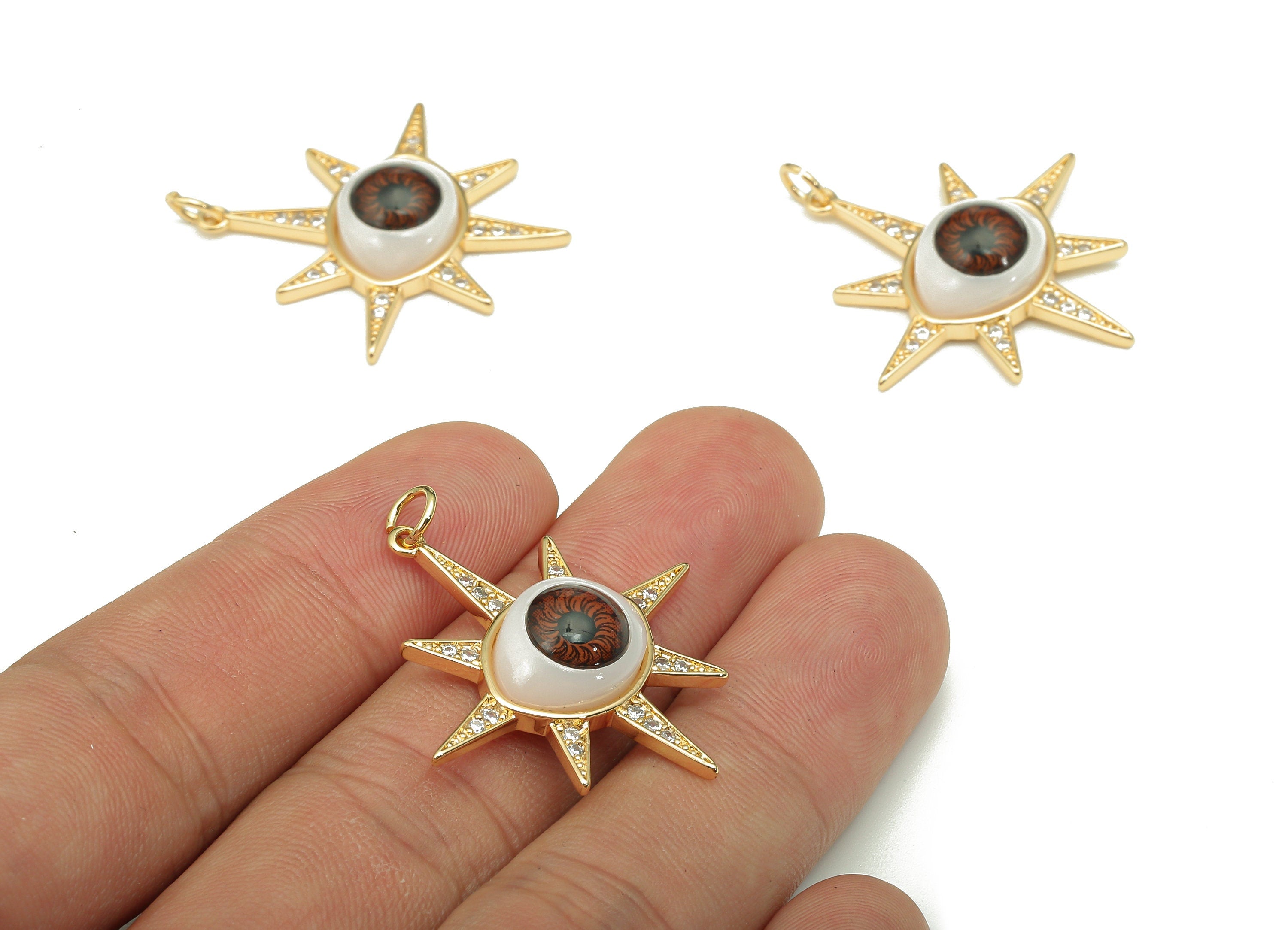 Brass Acrylic Star Eye Charm - Zircon Brown Eyeball Earring - Eyelash Pendant With Loop - 18K Real Gold Plating - 35.7x30.7x7.1mm - RGP5271 - DOMEDBAZAAR