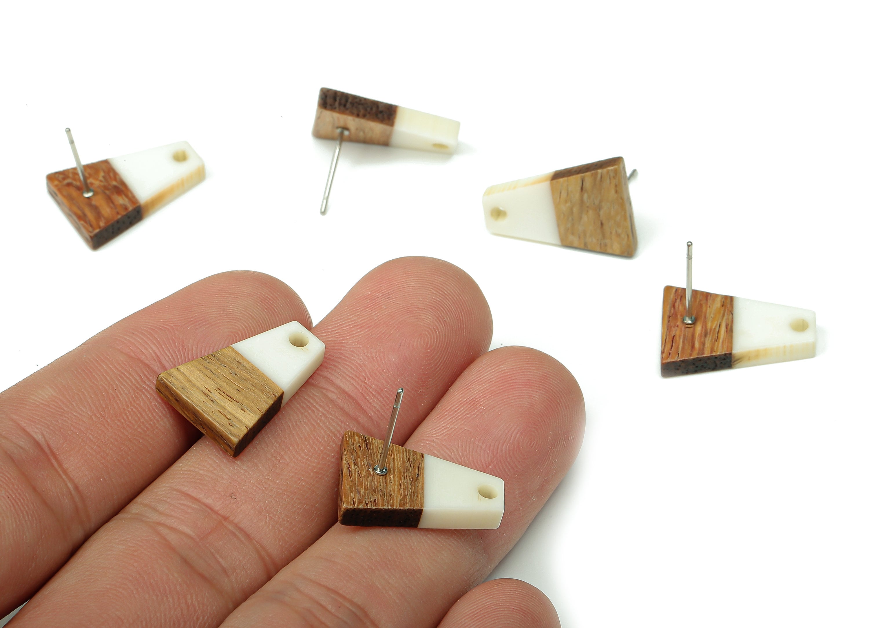 Natural Wooden Trapezoid Earring Stud - Walnut Wood White Resin Earring Post - 316 Stainless Steel Stud - 17.86x12.37x2.5mm - BB1260P - DOMEDBAZAAR
