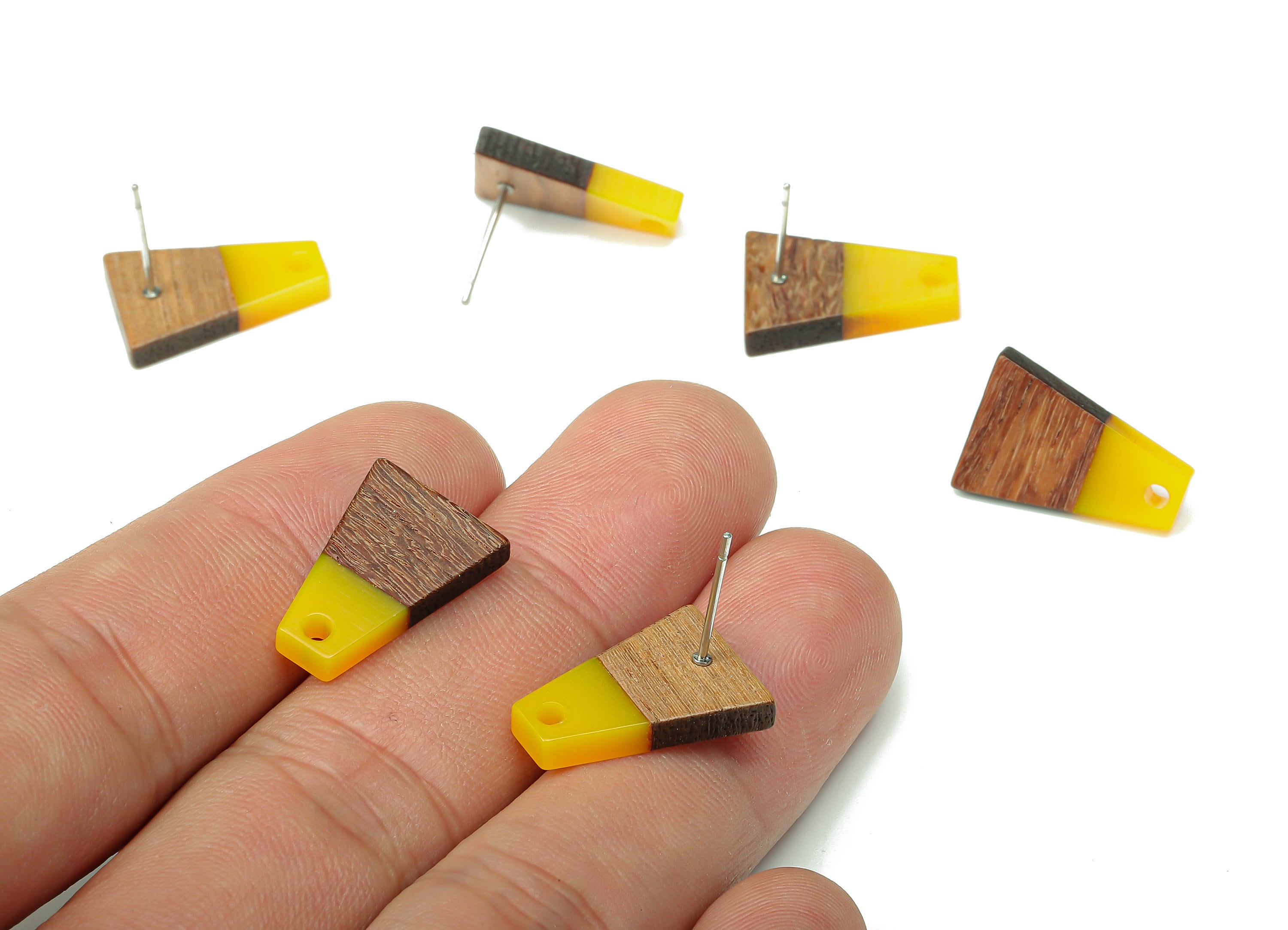 Natural Wooden Trapezoid Earring Stud - Walnut Wood Yellow Resin Earring Post - 316 Stainless Steel Stud - 17.86x12.37x2.5mm - BB1260R - DOMEDBAZAAR