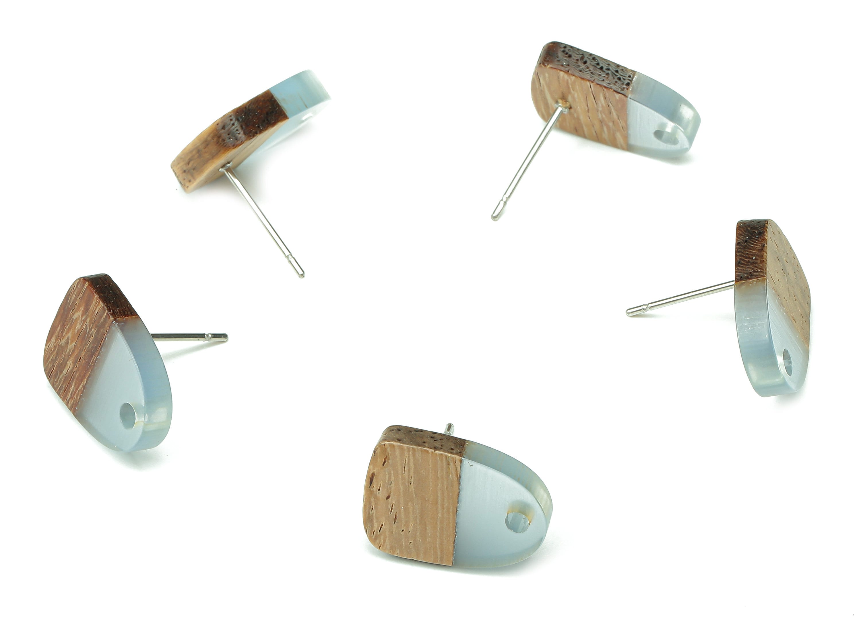 Natural Wooden Domed Earring Stud - Walnut Wood Light Blue Resin Drop Earring Post - 316 Stainless Steel Stud - 15.18x11.01x3.18mm - BB1261A - DOMEDBAZAAR