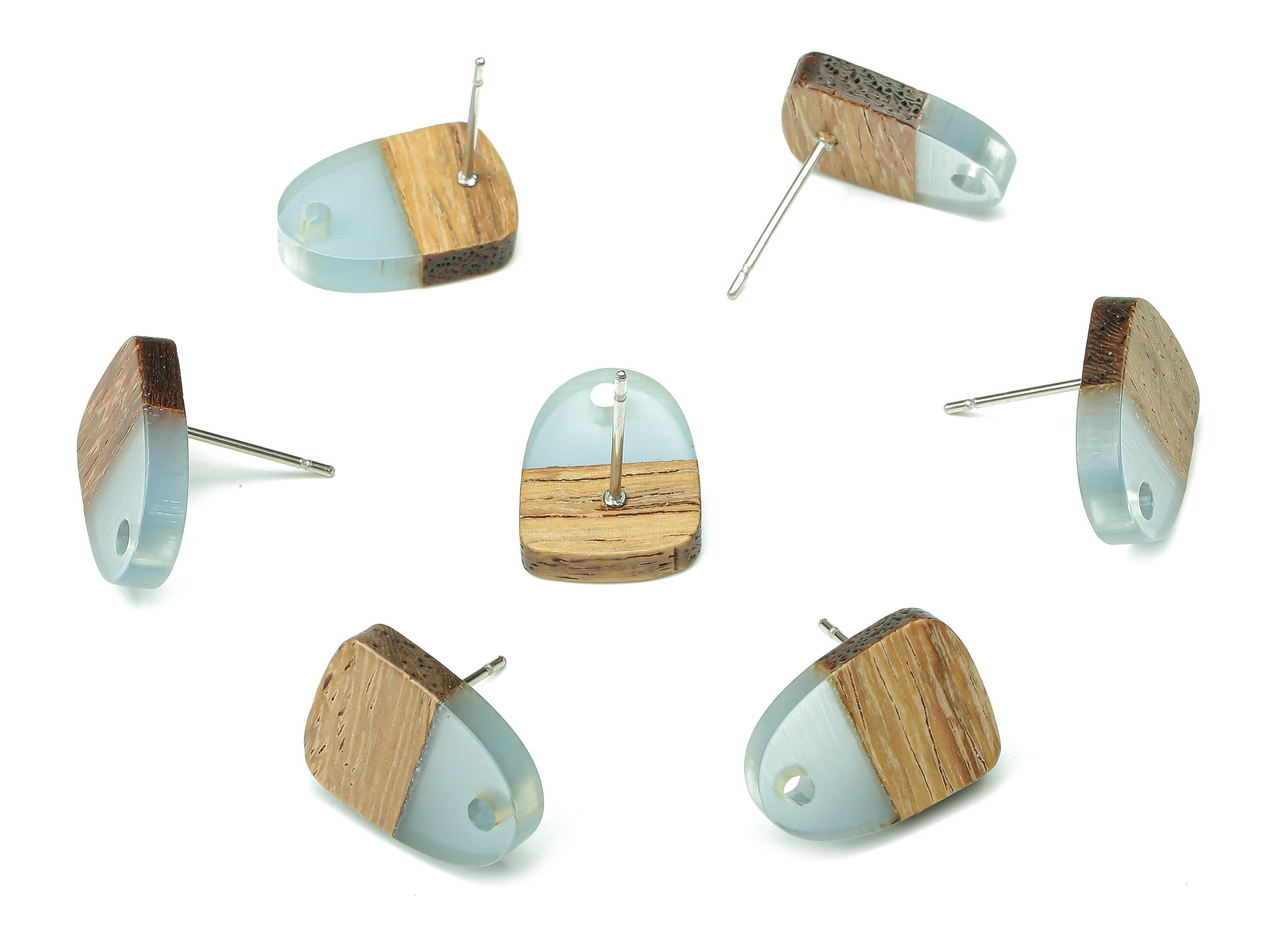 Natural Wooden Domed Earring Stud - Walnut Wood Light Blue Resin Drop Earring Post - 316 Stainless Steel Stud - 15.18x11.01x3.18mm - BB1261A - DOMEDBAZAAR