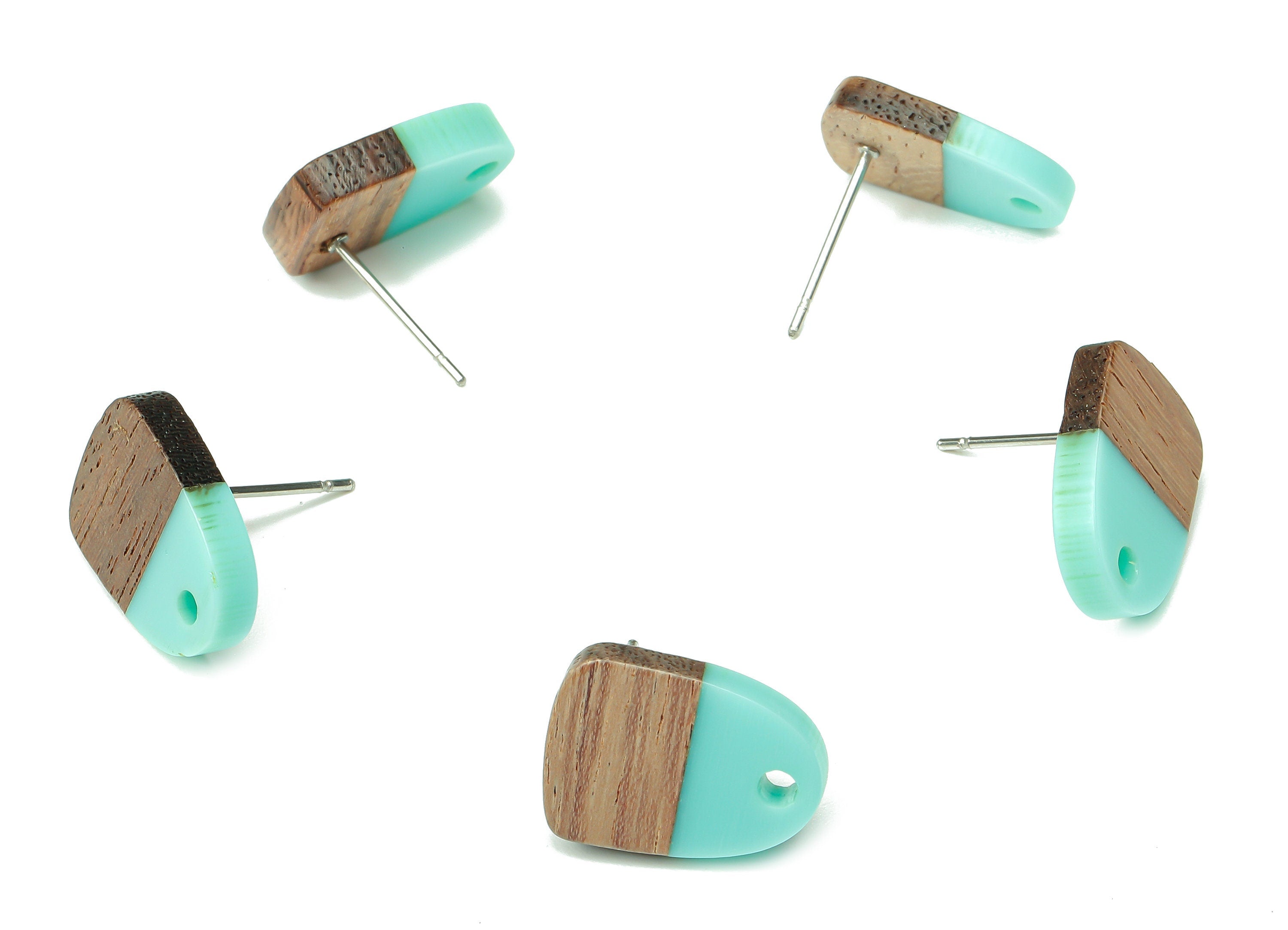 Natural Wooden Domed Earring Stud - Walnut Wood Aqua Resin Drop Earring Post - 316 Stainless Steel Stud - 15.18x11.01x3.18mm - BB1261B - DOMEDBAZAAR