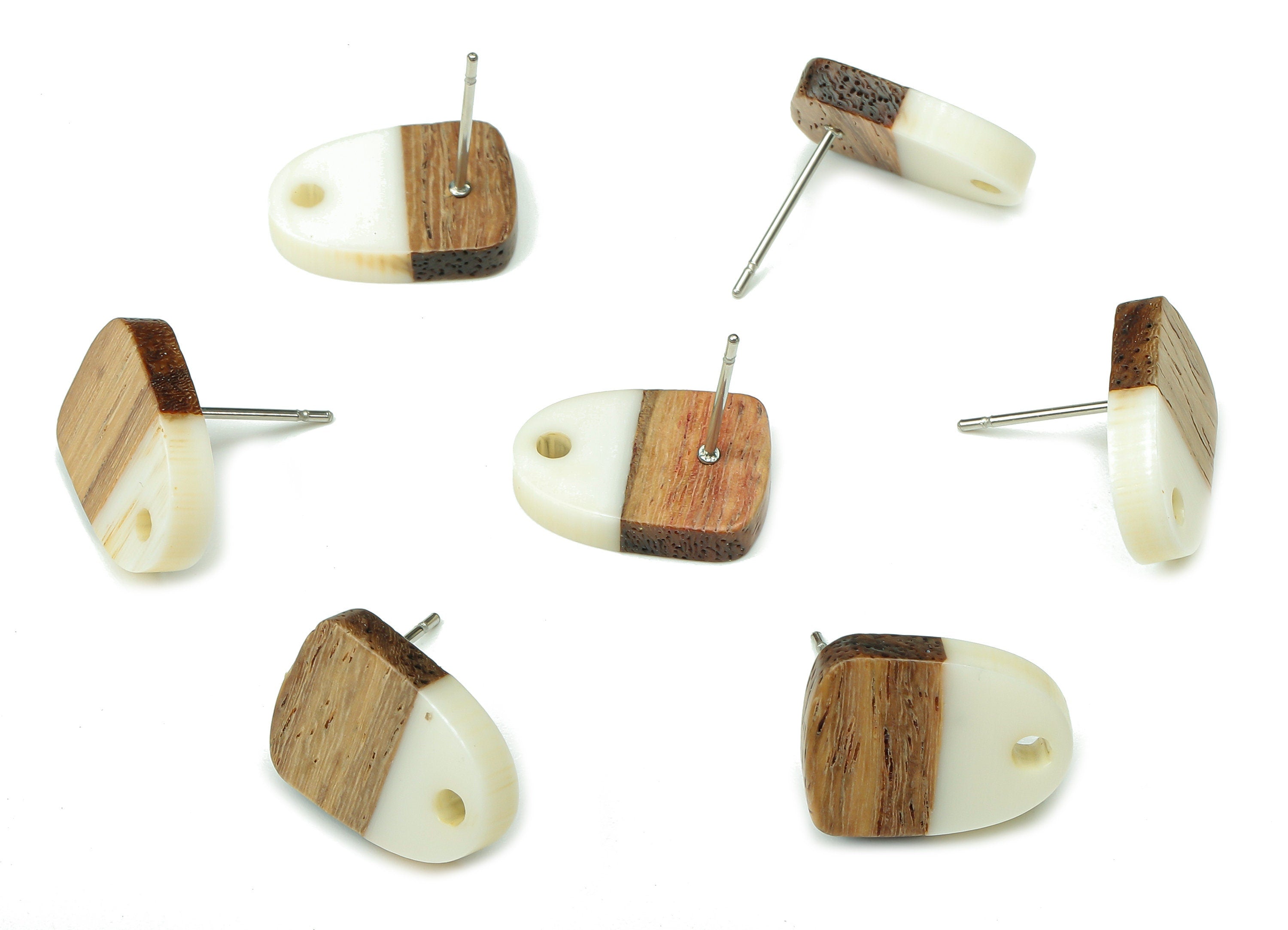 Natural Wooden Domed Earring Stud - Walnut Wood White Resin Drop Earring Post - 316 Stainless Steel Stud - 15.18x11.01x3.18mm - BB1261D - DOMEDBAZAAR