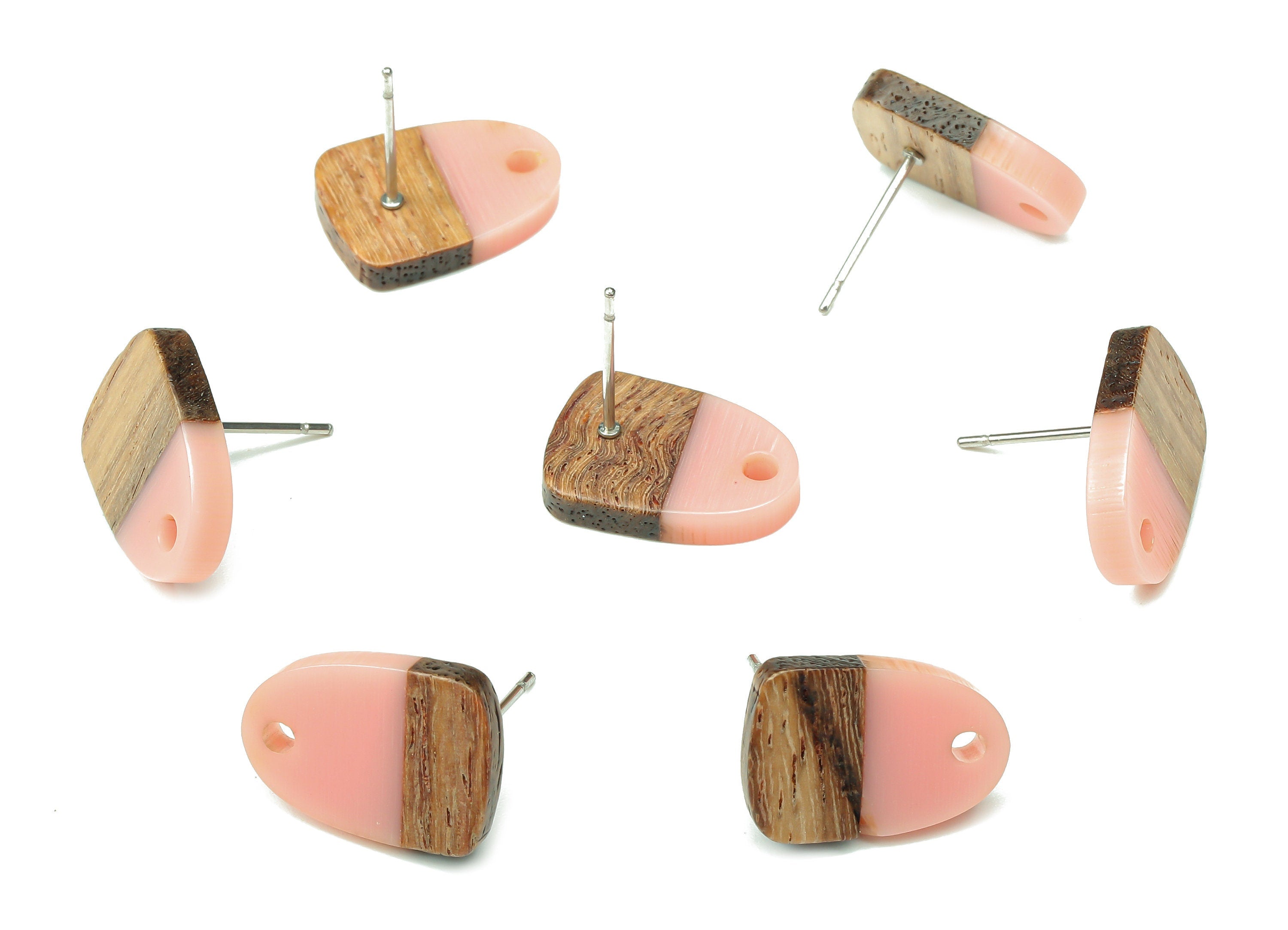 Natural Wooden Domed Earring Stud - Walnut Wood Pink Resin Drop Earring Post - 316 Stainless Steel Stud - 15.18x11.01x3.18mm - BB1261G - DOMEDBAZAAR