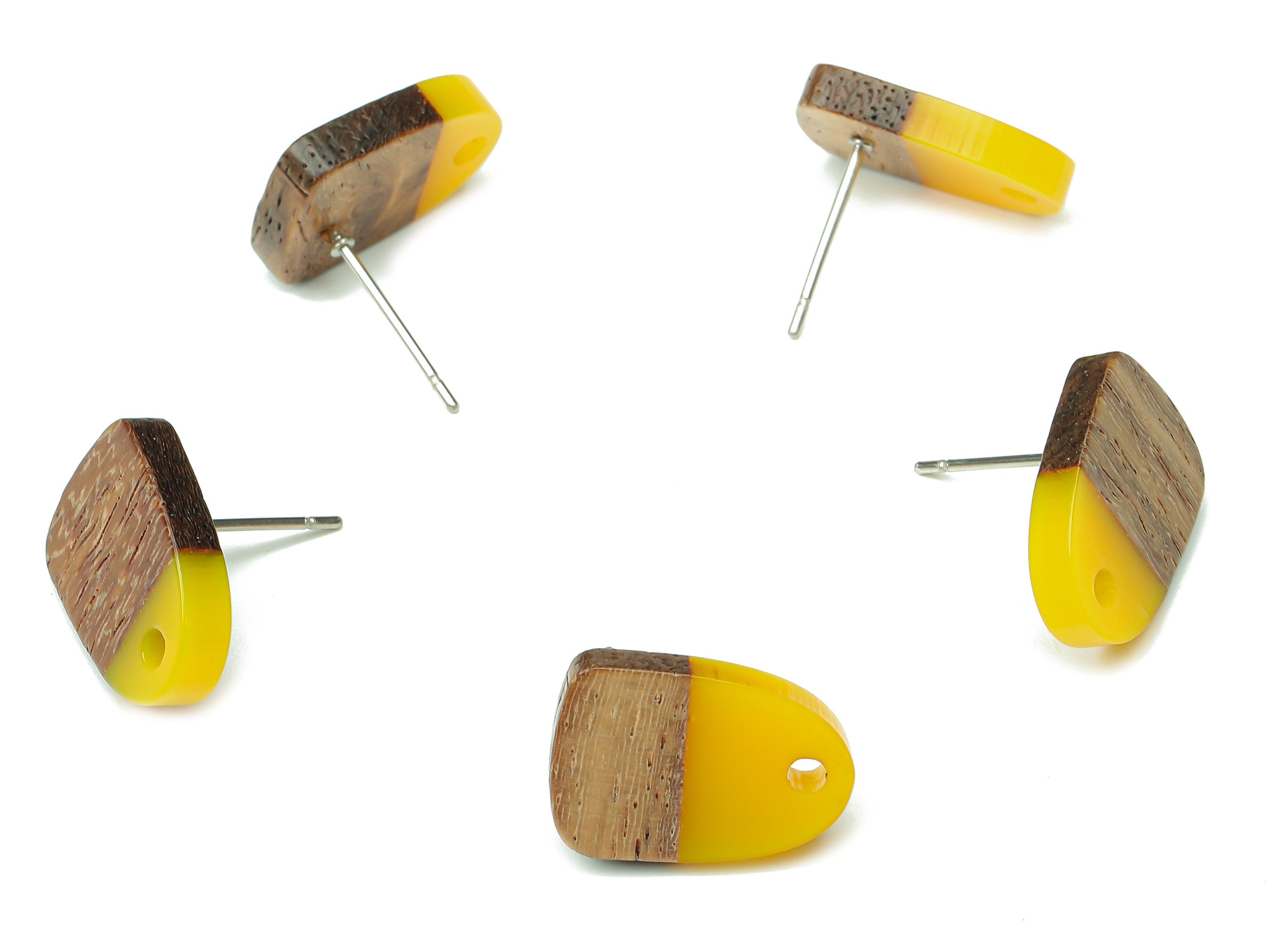 Natural Wooden Domed Earring Stud - Walnut Wood Yellow Resin Drop Earring Post - 316 Stainless Steel Stud - 15.18x11.01x3.18mm - BB1261K - DOMEDBAZAAR