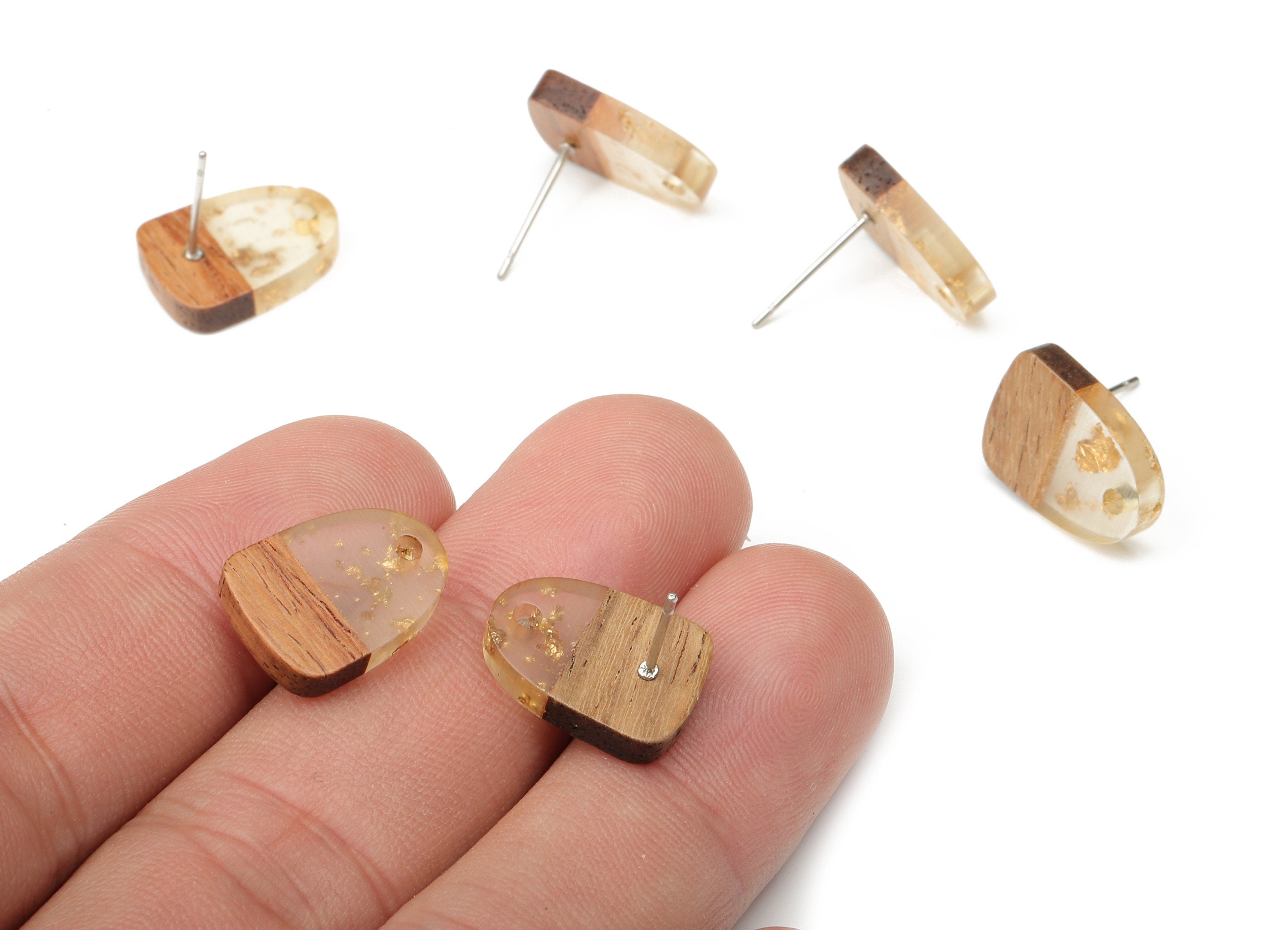 Natural Wooden Domed Earring Stud - Walnut Wood Gold Foil Clear Resin Drop Earring Post - 316 Stainless Steel Stud - 15.2x11x3.2mm - BB1261M - DOMEDBAZAAR