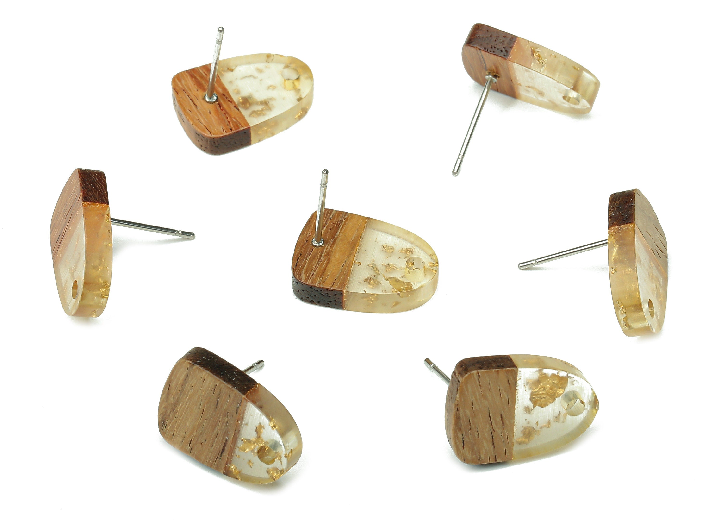 Natural Wooden Domed Earring Stud - Walnut Wood Gold Foil Clear Resin Drop Earring Post - 316 Stainless Steel Stud - 15.2x11x3.2mm - BB1261M - DOMEDBAZAAR