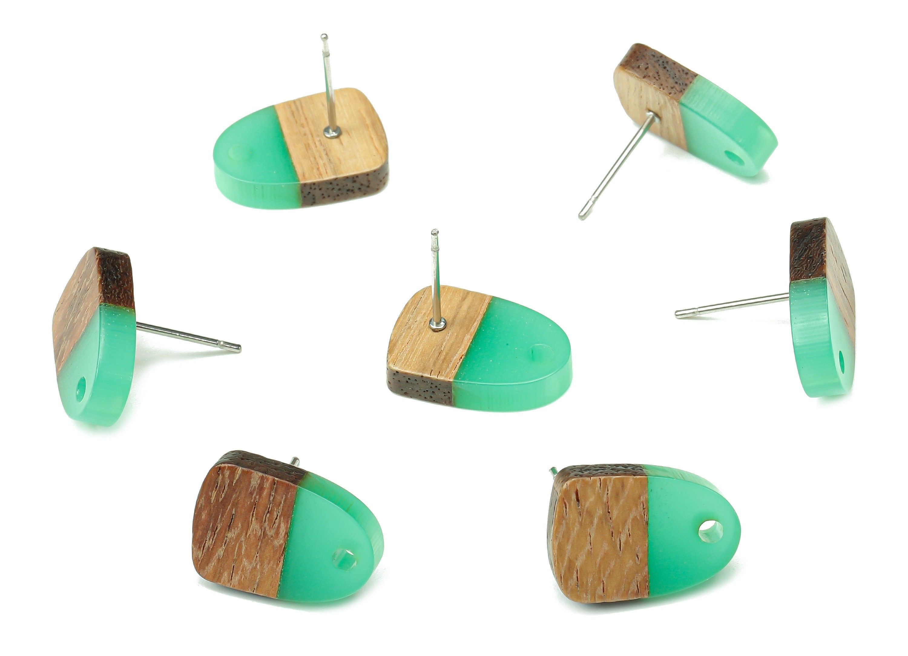 Natural Wooden Domed Earring Stud - Walnut Wood Clear Green Resin Drop Earring Post - 316 Stainless Steel Stud - 15.18x11.01x3.2mm - BB1261P - DOMEDBAZAAR