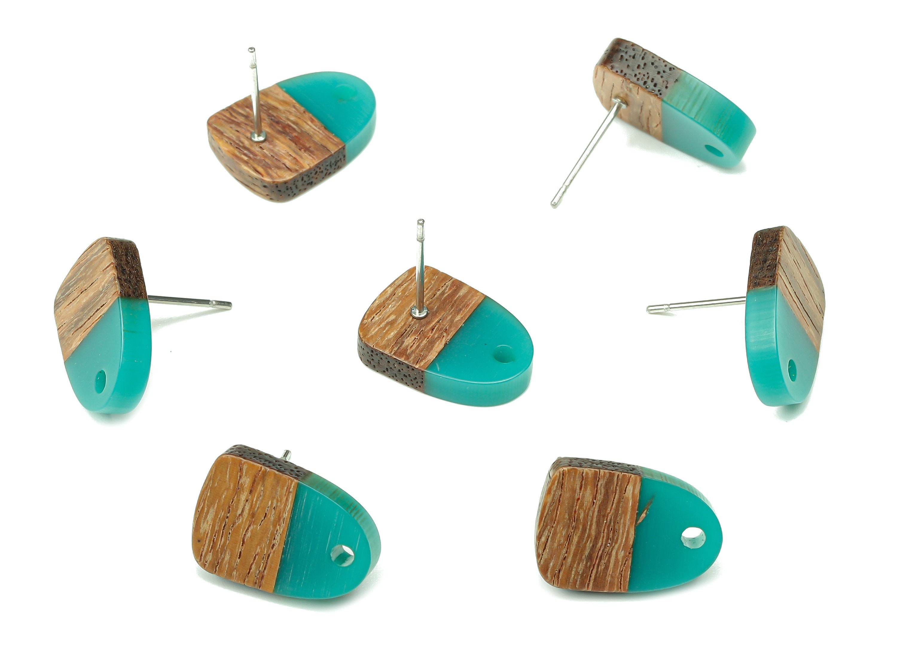 Natural Wooden Domed Earring Stud - Walnut Wood Petrol Resin Drop Earring Post - 316 Stainless Steel Stud - 15.18x11.01x3.18mm - BB1261R - DOMEDBAZAAR