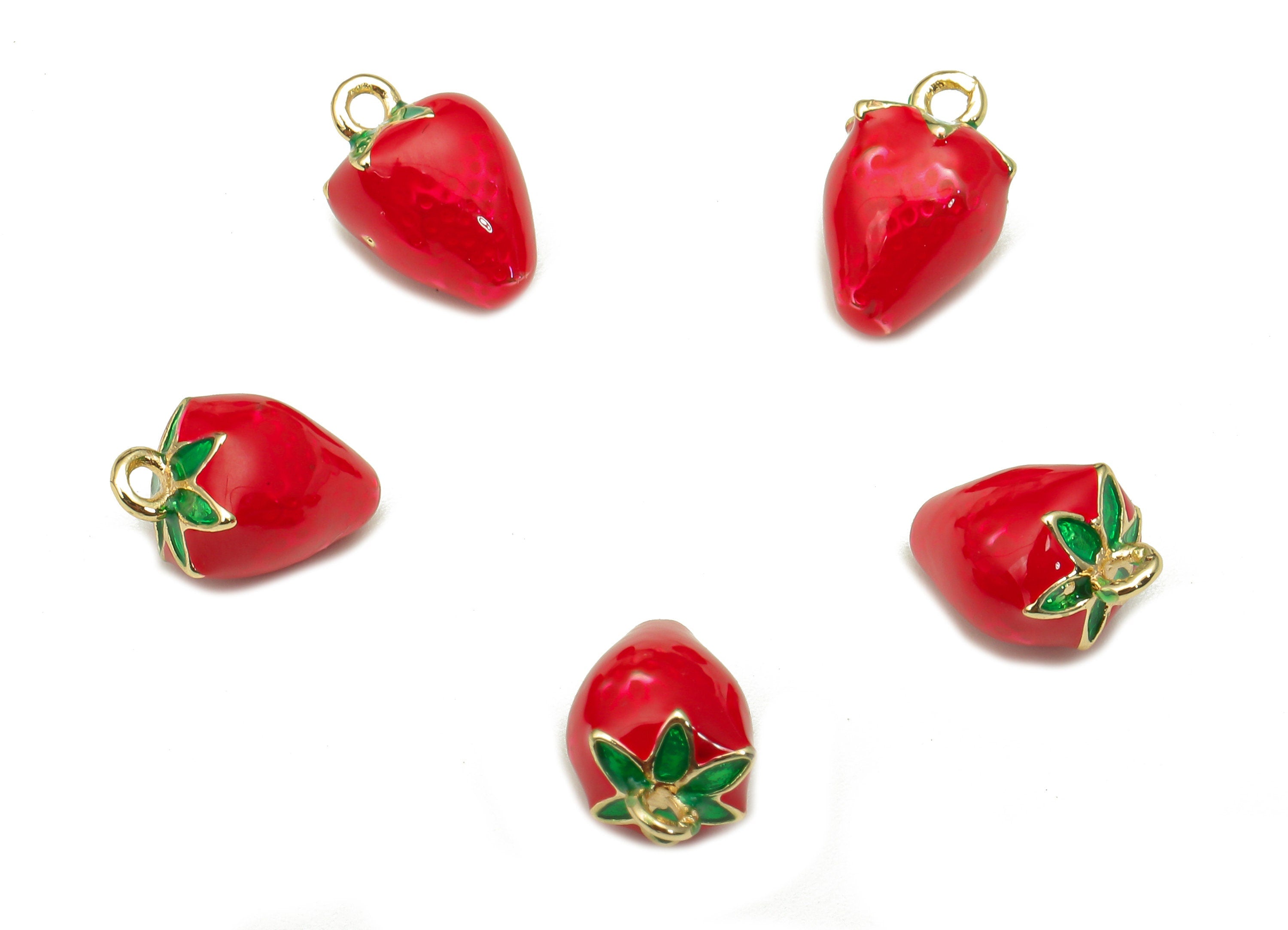 Brass Red Strawberry Earring Charm - Enamel Mini Fruit Charm - Figure Pendant With Loop - 18K Real Gold Plating - 10.7x6.6x6.6mm -RGP5277 - DOMEDBAZAAR
