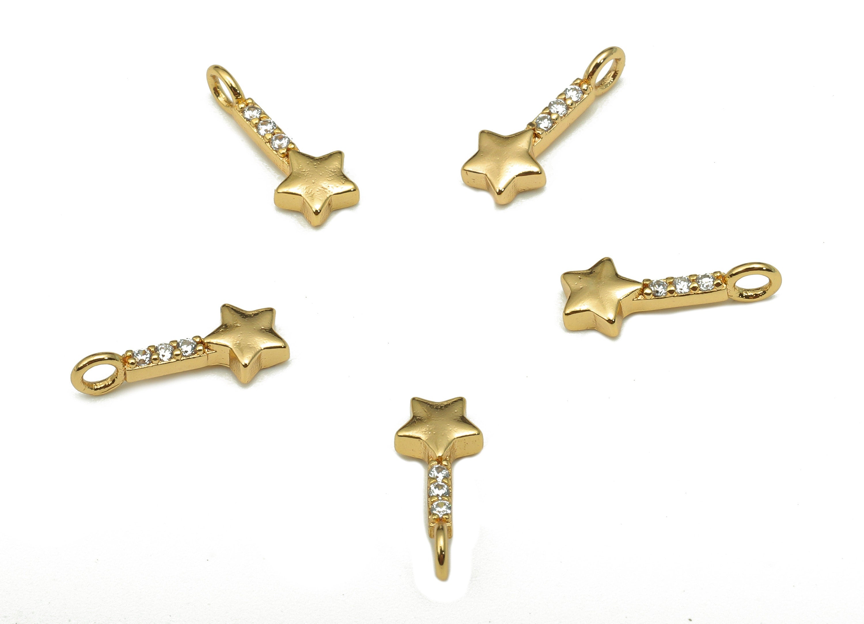 Brass Mini Star Magic Earring - Zircon Star Bar Charm - Long Stick Star Pendant With Loop - 18K Real Gold Plating - 11.9x4.6x1.9mm - RGP5282 - DOMEDBAZAAR