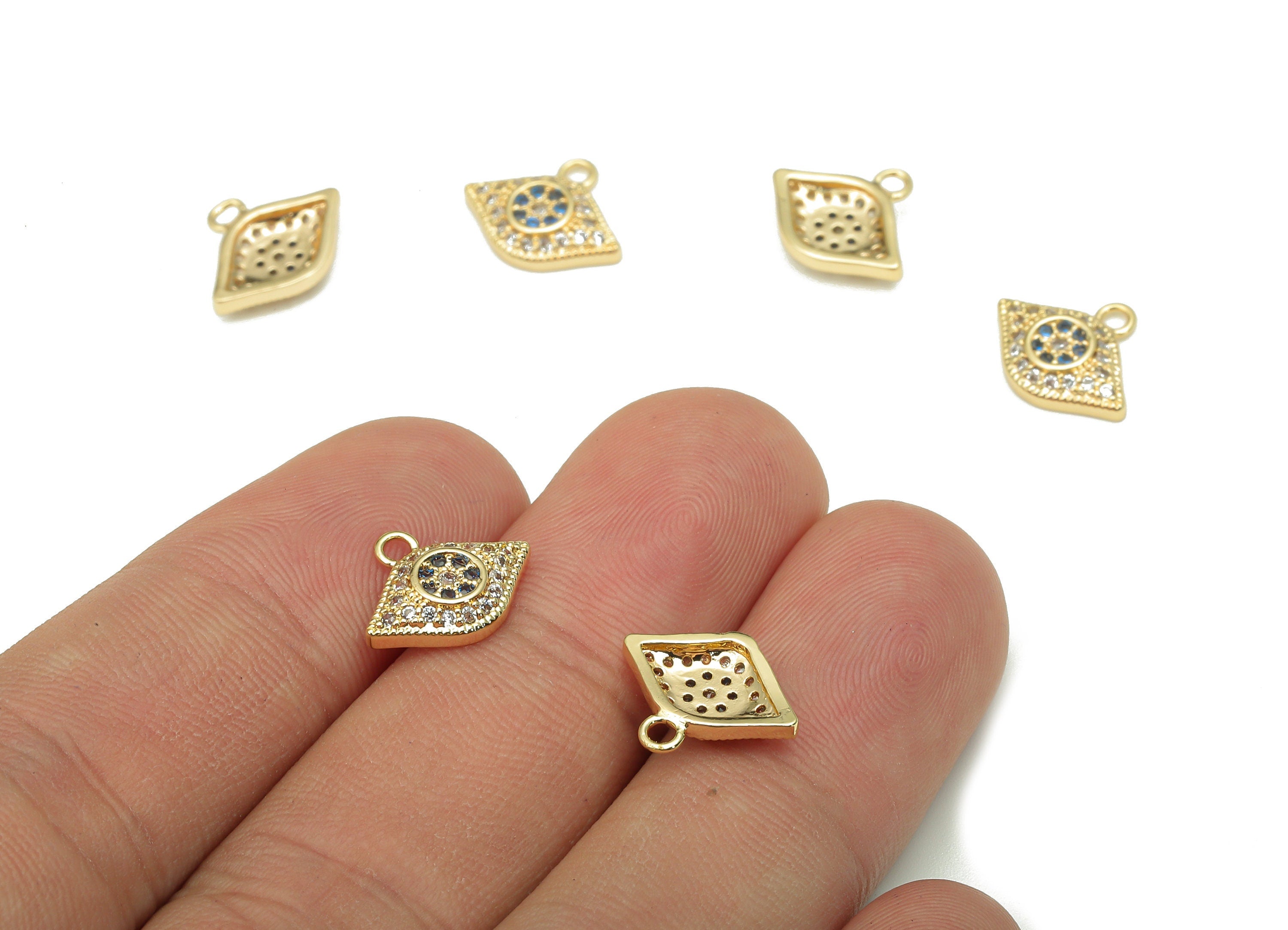 Brass Eye Earring Charm - Zircon Blue Eye Earring - Eye Pendant With Loop - 18K Real Gold Plating Charm - 12.7x10.3x2.2mm - RGP5287 - DOMEDBAZAAR