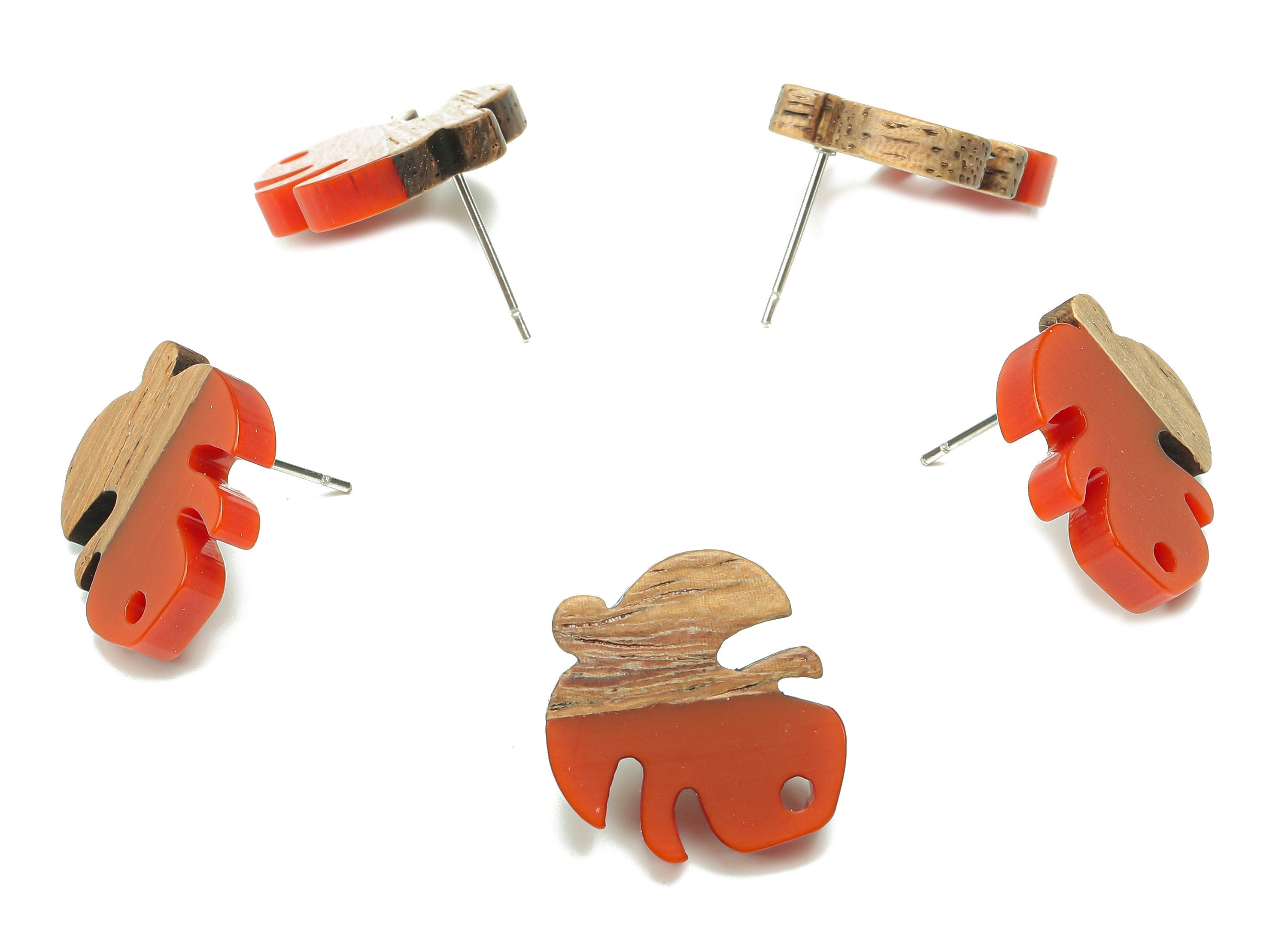 Natural Wooden Leaf Earring Stud - Walnut Wood Red Resin Monstera Earring Post - 316 Stainless Steel Stud - 19.38x17.07x2.48mm - BB1255F - DOMEDBAZAAR