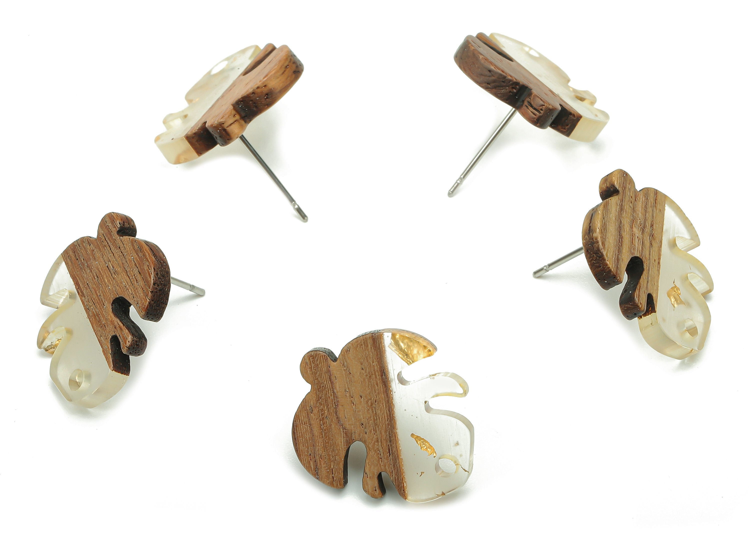 Natural Wooden Leaf Earring Stud - Walnut Wood Gold Foil Clear Resin Monstera Earring Post -316 Stainless Steel Stud-19.4x17.1x2.5mm-BB1255H - DOMEDBAZAAR