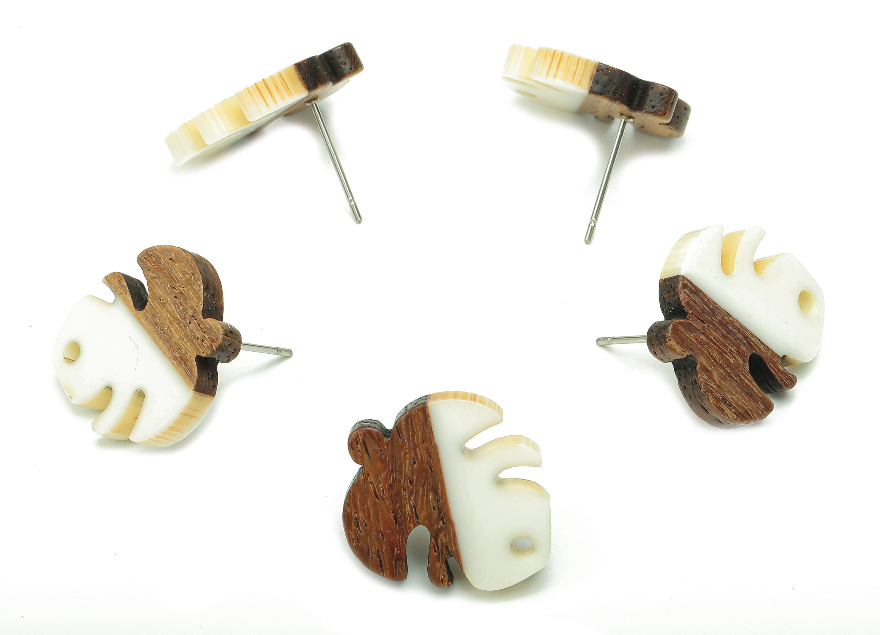 Natural Wooden Leaf Earring Stud - Walnut Wood White Resin Monstera Earring Post - 316 Stainless Steel Stud - 19.38x17.07x2.48mm - BB1255K - DOMEDBAZAAR