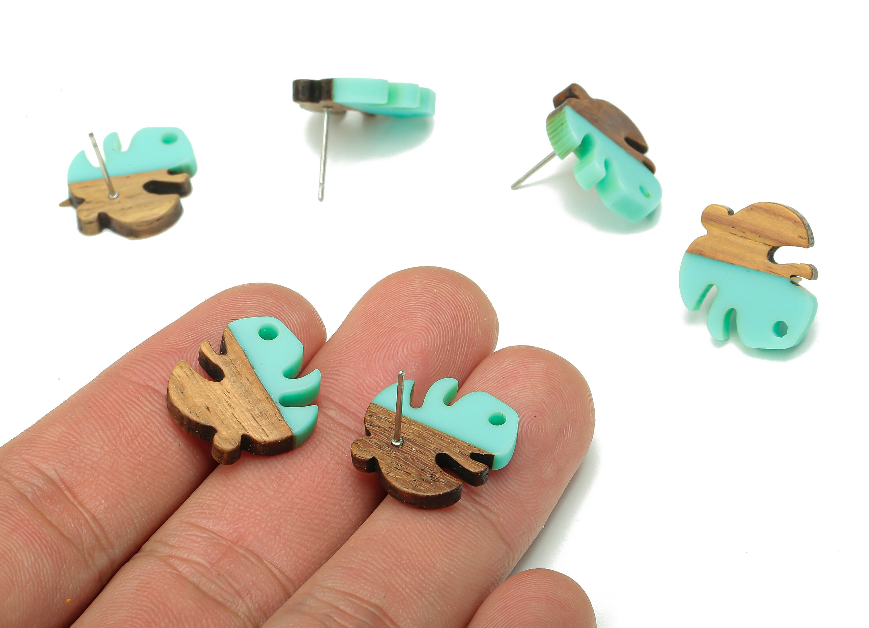 Natural Wooden Leaf Earring Stud - Walnut Wood Aqua Resin Monstera Earring Post - 316 Stainless Steel Stud - 19.38x17.07x2.48mm - BB1255L - DOMEDBAZAAR