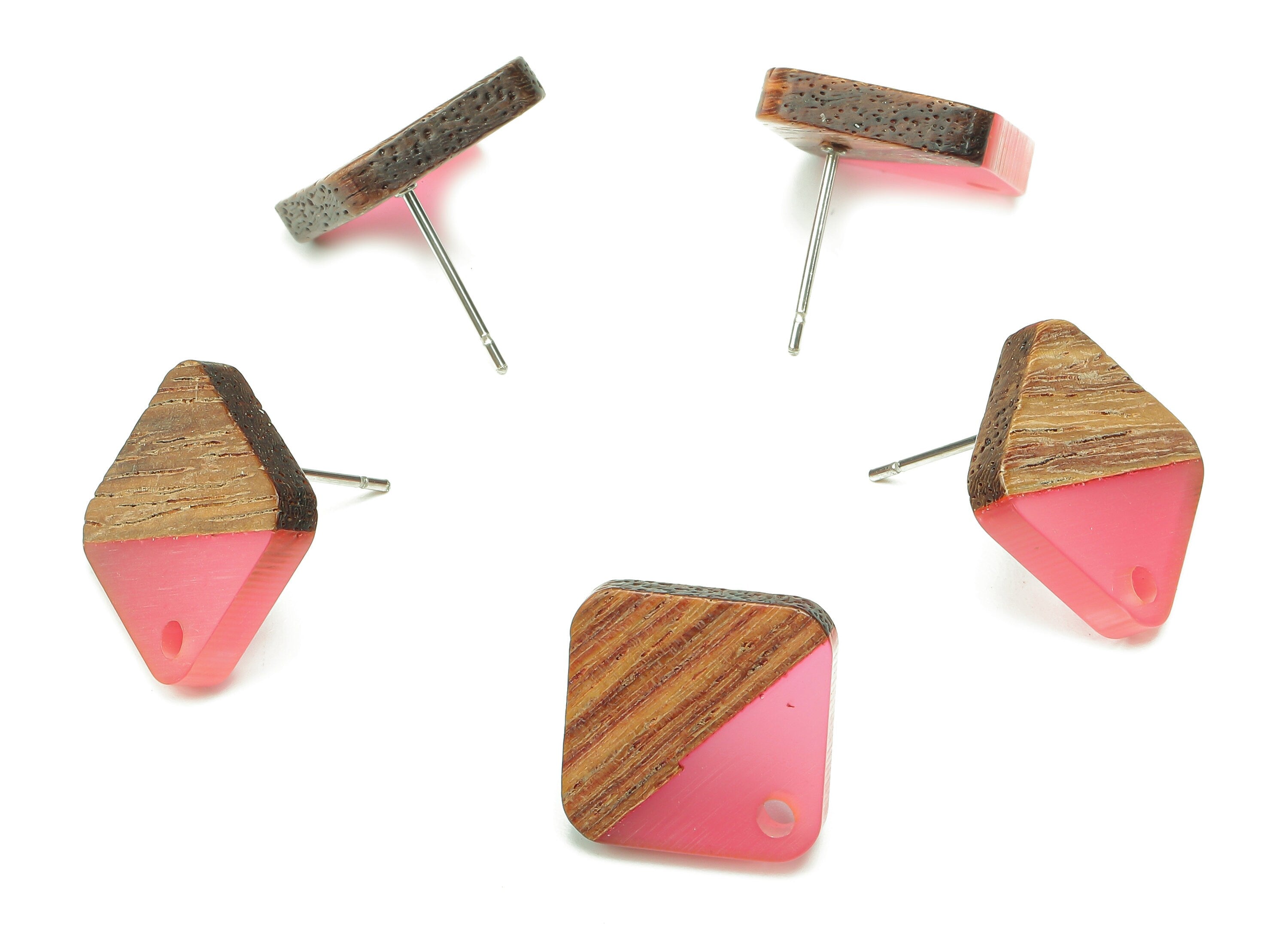 Natural Wooden Diamond Earring Stud - Walnut Wood Rhombus Light Red Resin Earring Post - 316 Stainless Steel Stud - 17.1x17.1x2.95mm-BB1257H - DOMEDBAZAAR