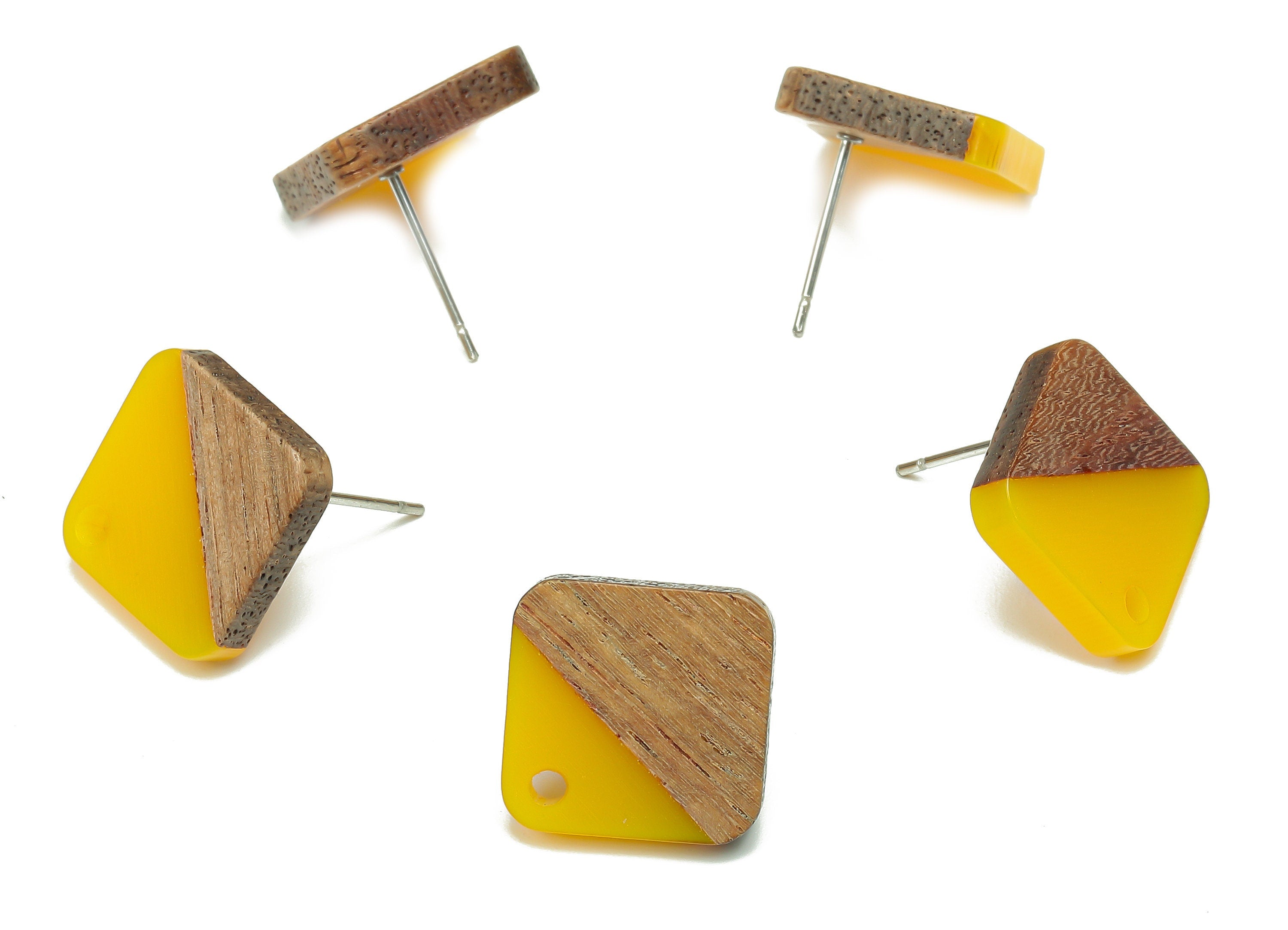 Natural Wooden Diamond Earring Stud - Walnut Wood Rhombus Yellow Resin Earring Post - 316 Stainless Steel Stud - 17.14x17.14x2.95mm -BB1257J - DOMEDBAZAAR