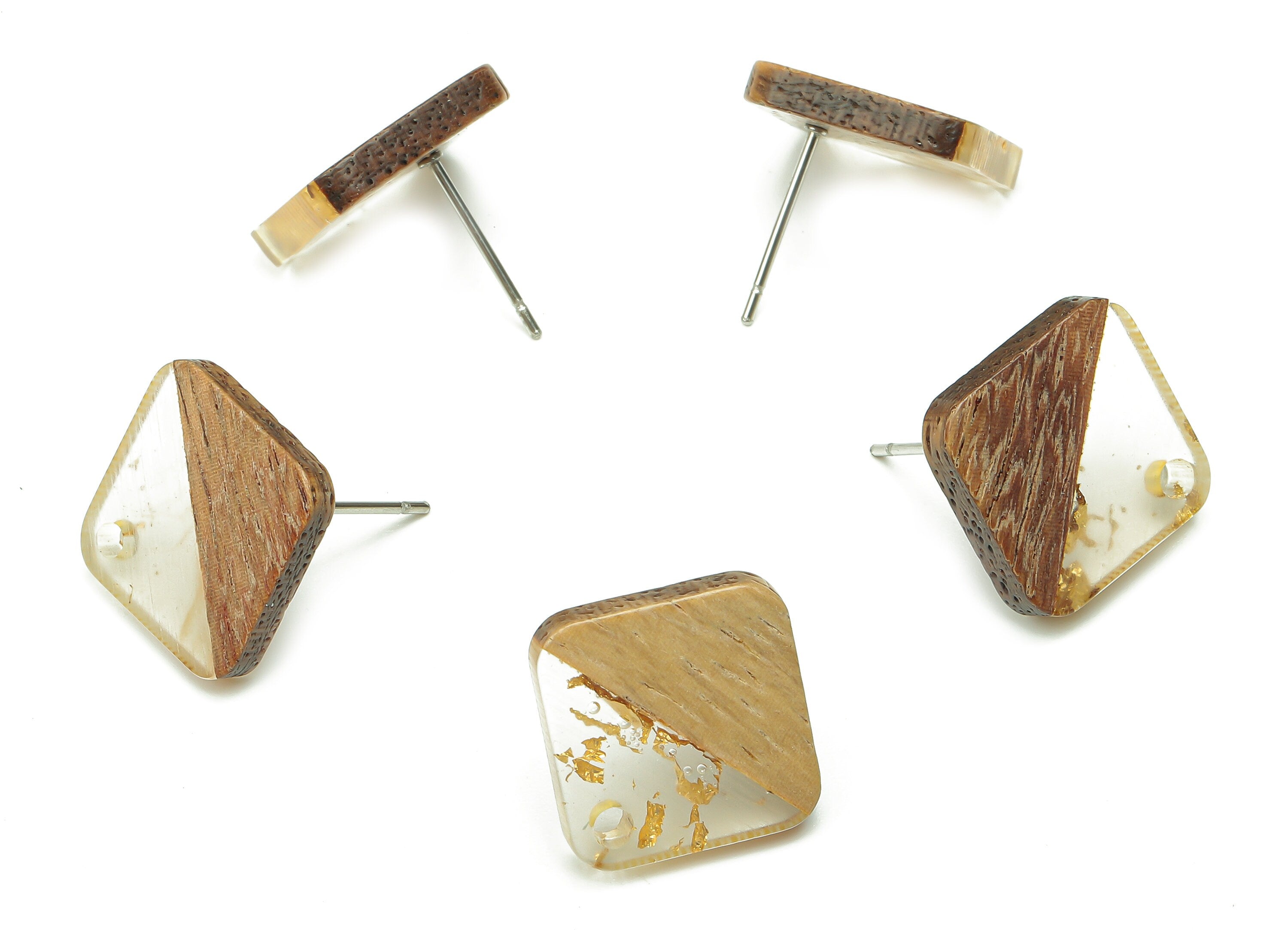 Natural Wooden Diamond Earring Stud - Walnut Wood Rhombus Gold Foil Clear Resin Post - 316 Stainless Steel Stud - 17.1x17.1x2.95mm - BB1257M - DOMEDBAZAAR