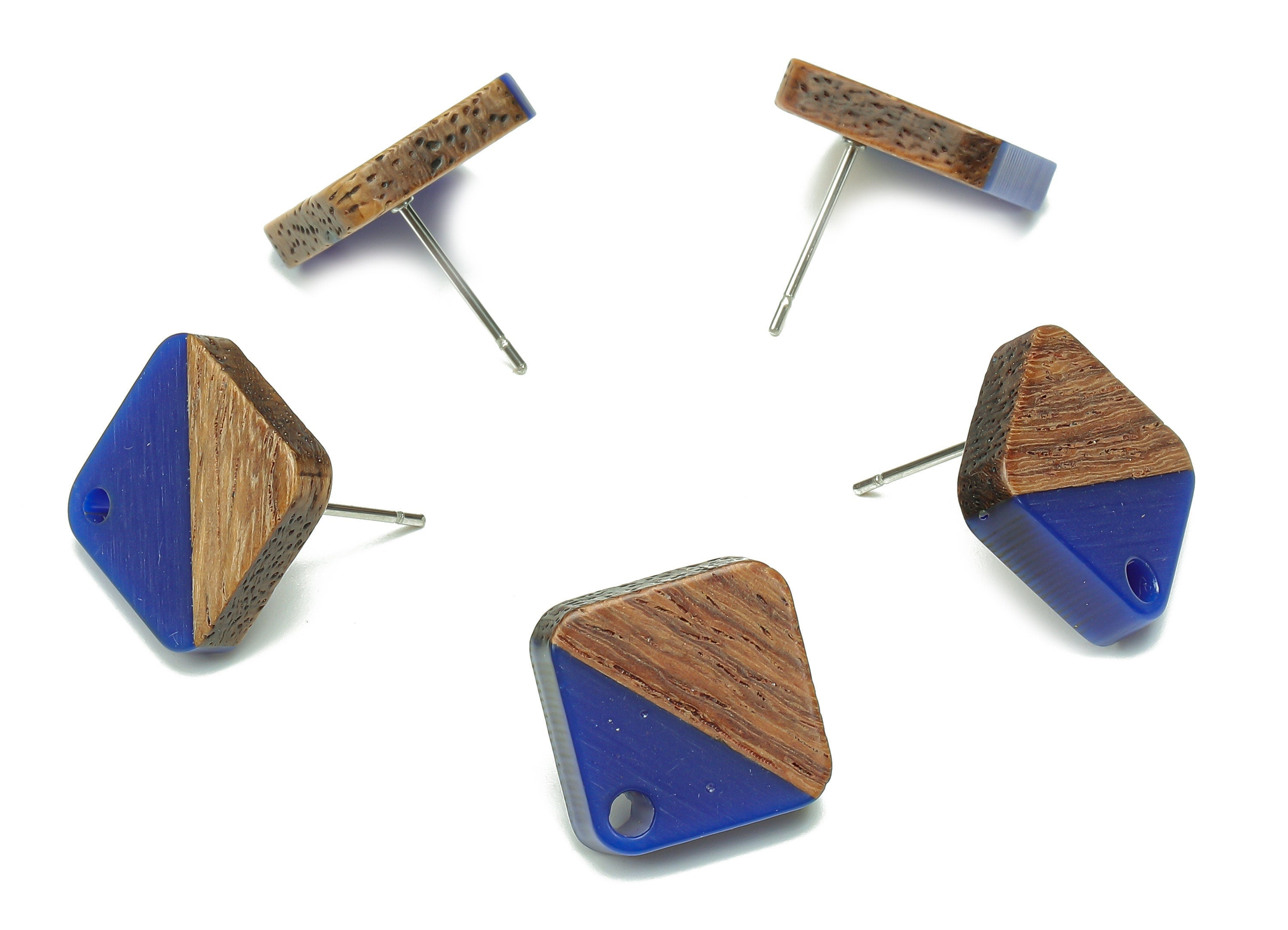 Natural Wooden Diamond Earring Stud - Walnut Wood Rhombus Dark Blue Resin Earring Post - 316 Stainless Steel Stud - 17.1x17.1x2.95mm-BB1257N - DOMEDBAZAAR