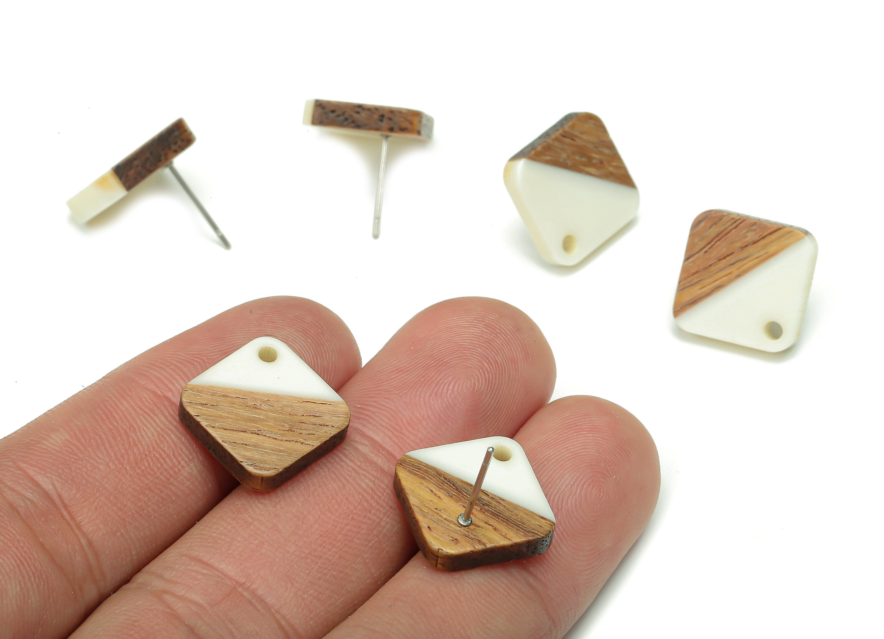 Natural Wooden Diamond Earring Stud - Walnut Wood Rhombus White Resin Earring Post - 316 Stainless Steel Stud - 17.14x17.14x2.95mm - BB1257R - DOMEDBAZAAR