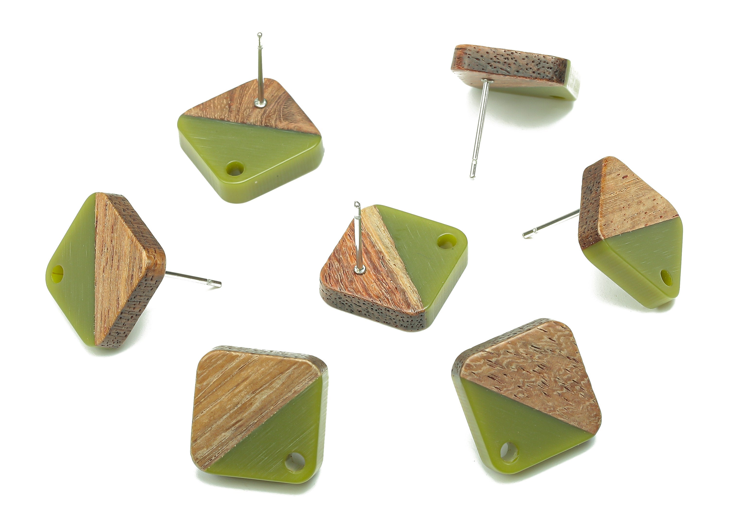 Natural Wooden Diamond Earring Stud - Walnut Wood Rhombus Green Resin Earring Post - 316 Stainless Steel Stud - 17.14x17.14x2.95mm - BB1257S - DOMEDBAZAAR