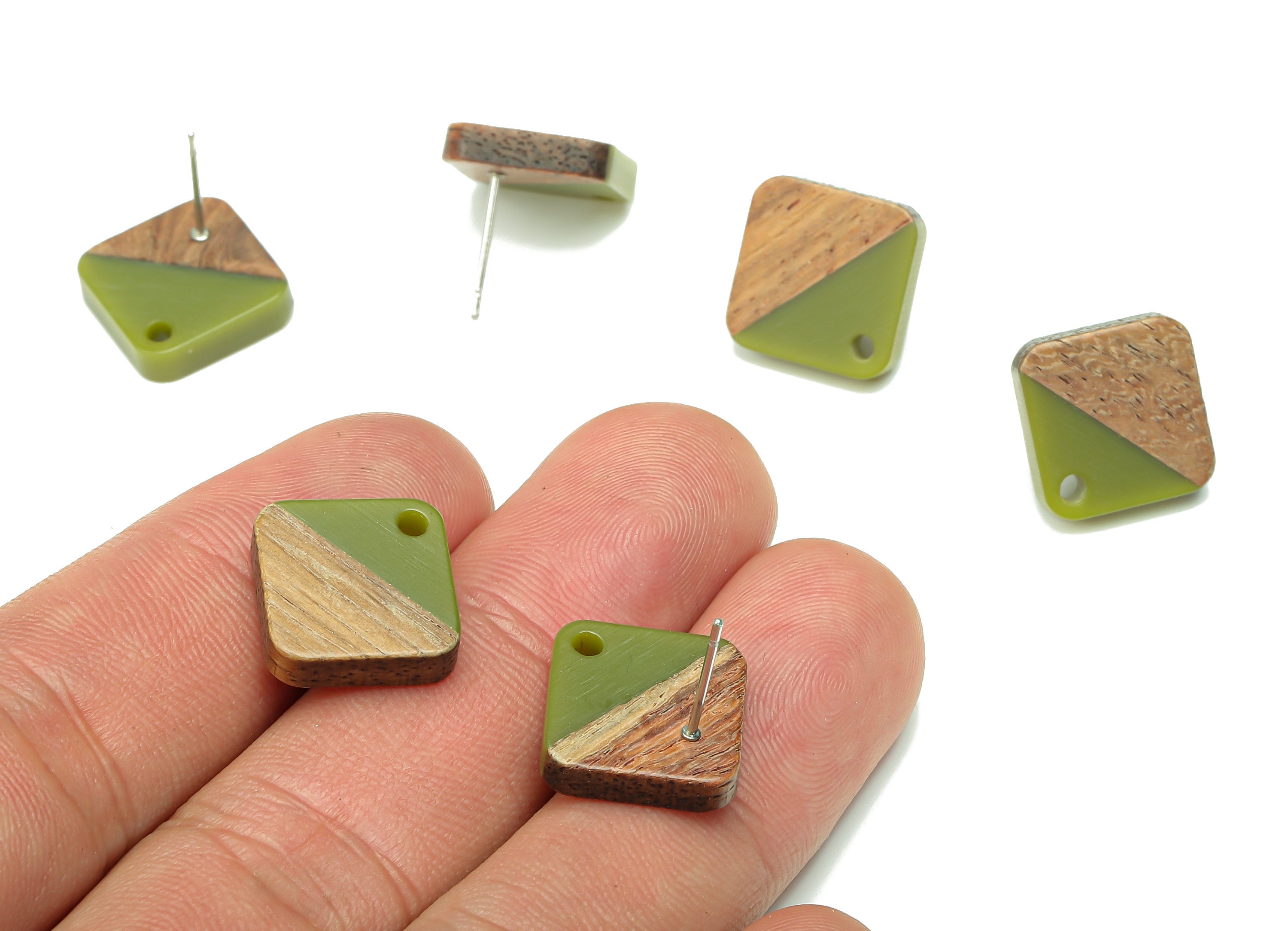 Natural Wooden Diamond Earring Stud - Walnut Wood Rhombus Green Resin Earring Post - 316 Stainless Steel Stud - 17.14x17.14x2.95mm - BB1257S - DOMEDBAZAAR