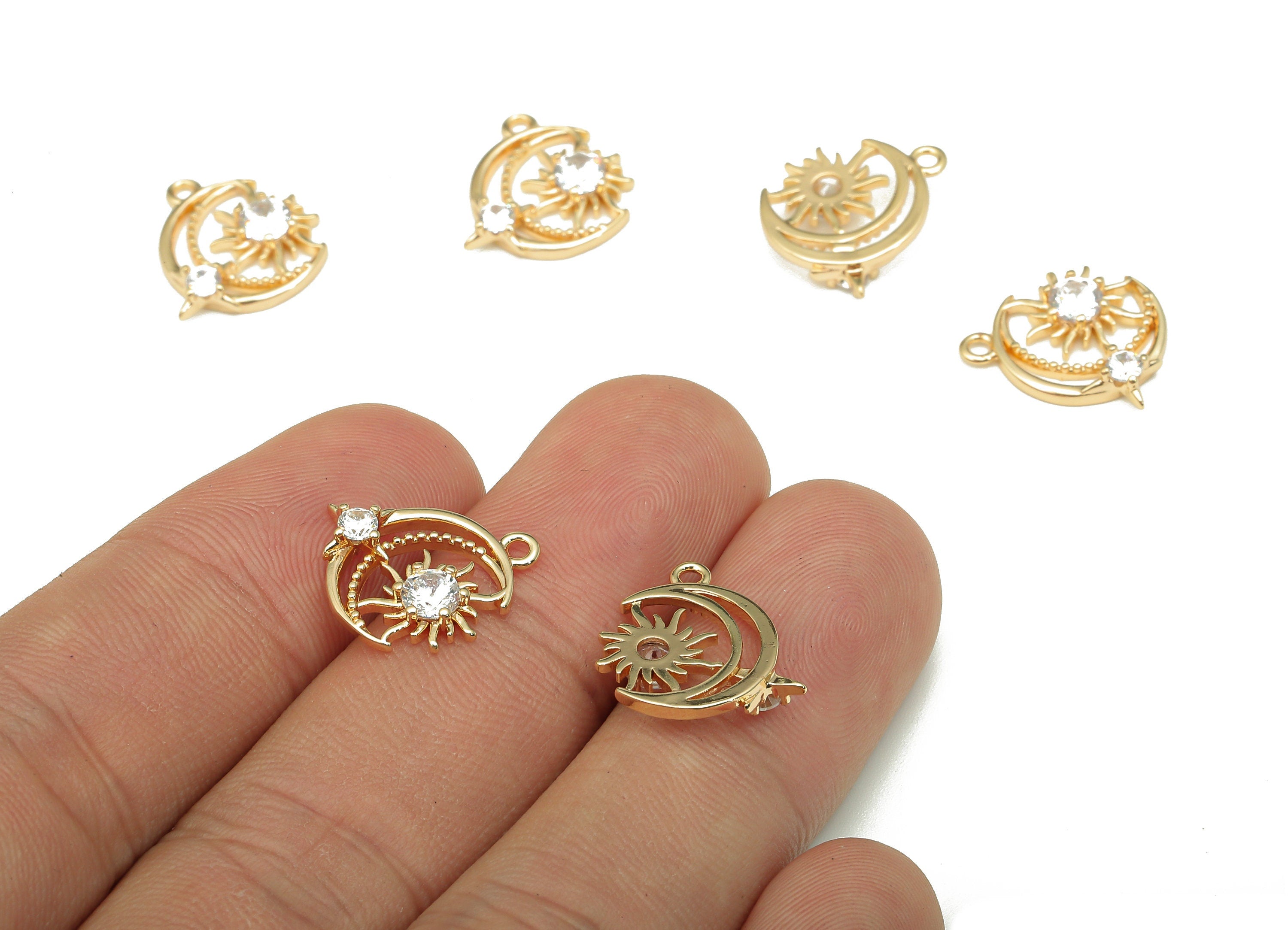 Brass Crescent Earring Charm - Zircon Star Earring - Sun Pendant With Loop - For Necklace - 18K Real Gold Plating - 15.2x14.9x2.5mm -RGP5297 - DOMEDBAZAAR