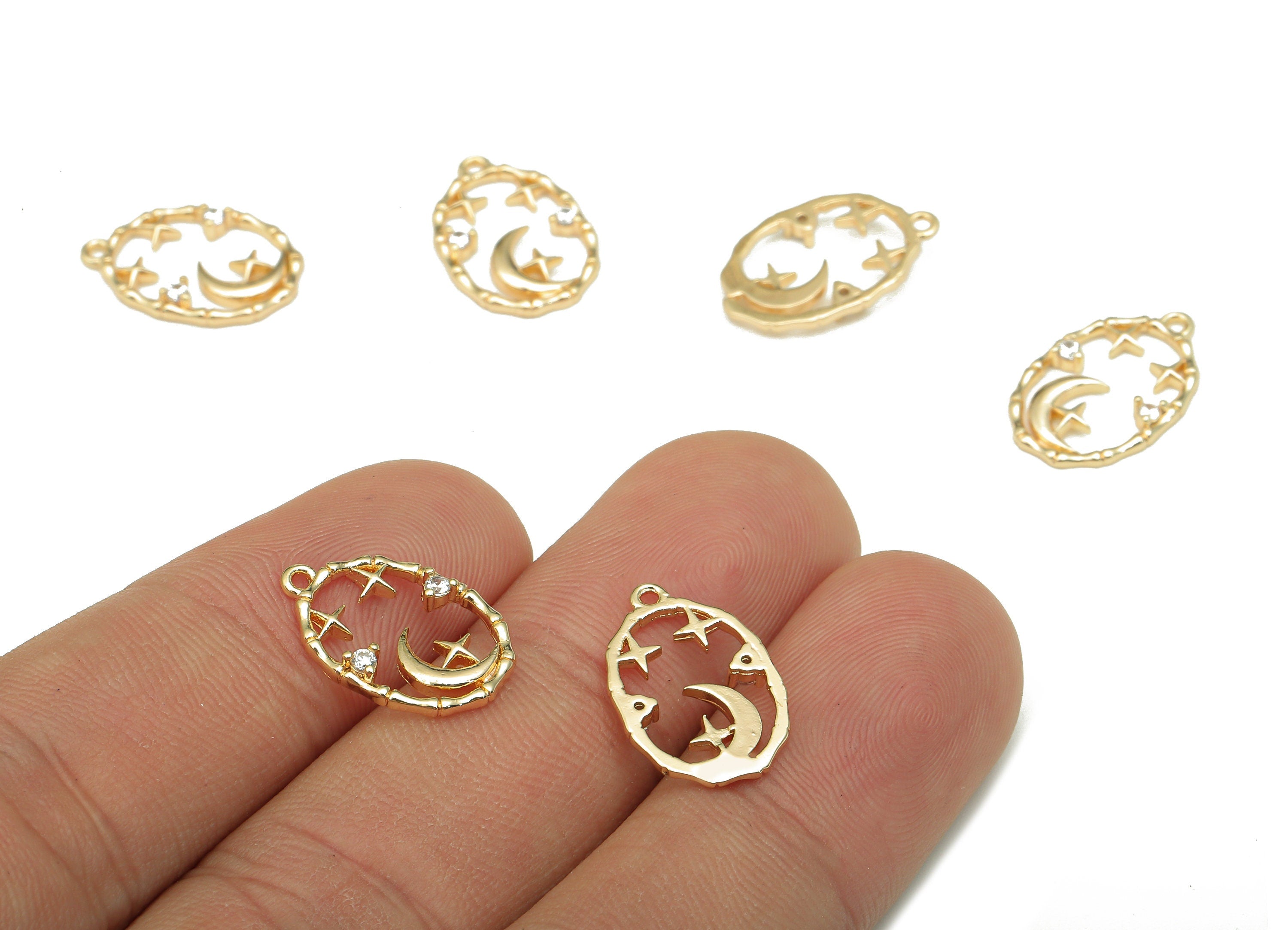 Brass Oval Crescent Earring - Zircon Star Earring Charm - Pendant With Loop - For Necklace - 18K Real Gold Plating - 16.4x10.7x1.3mm-RGP5306 - DOMEDBAZAAR