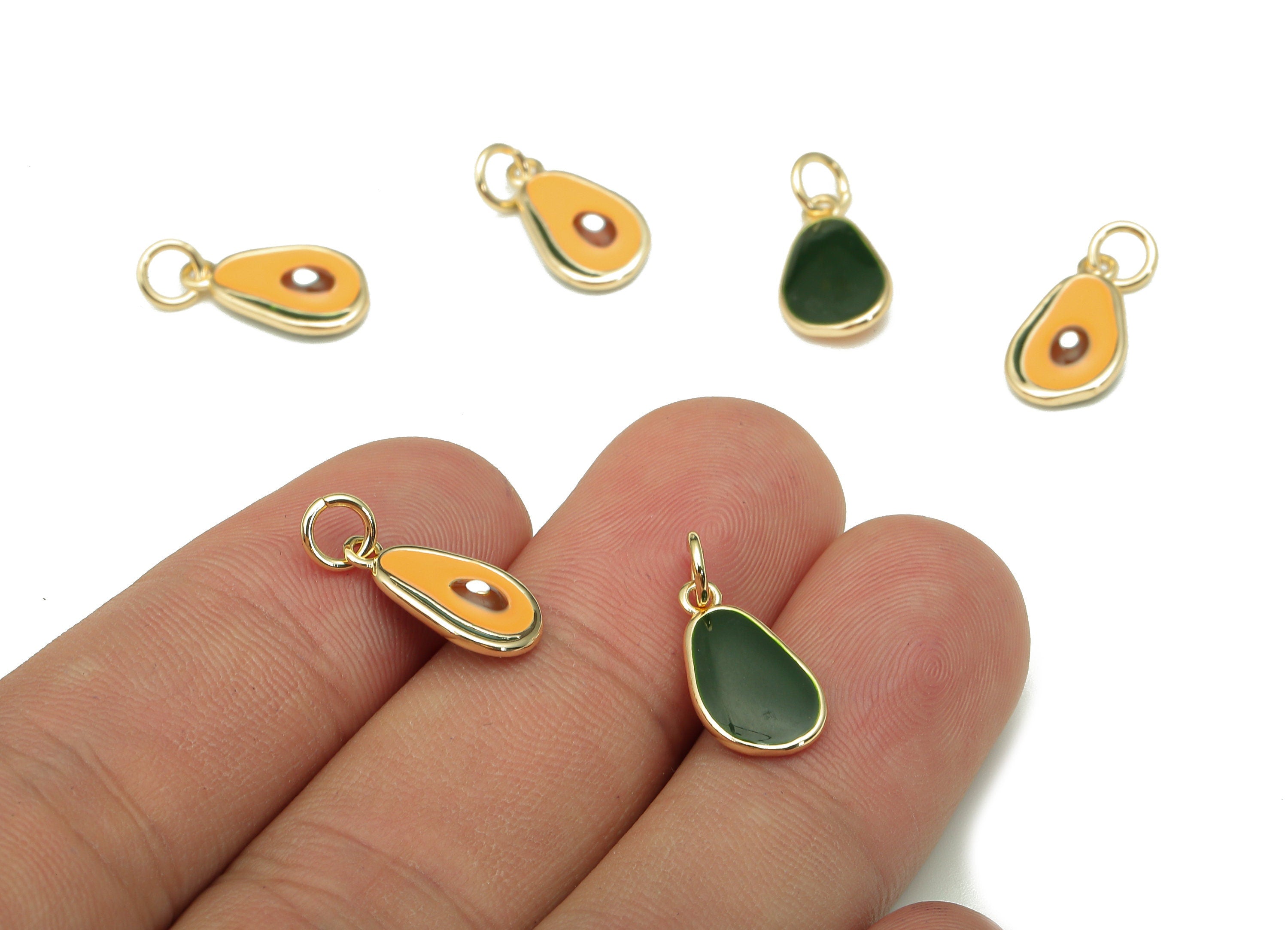 Brass Avocado Earring Charm - Enamel Orange & Green Fruit Charm - Fruit Pendant With Loop - 18K Real Gold Plating - 16.9x7.8x2.6mm -RGP5304 - DOMEDBAZAAR