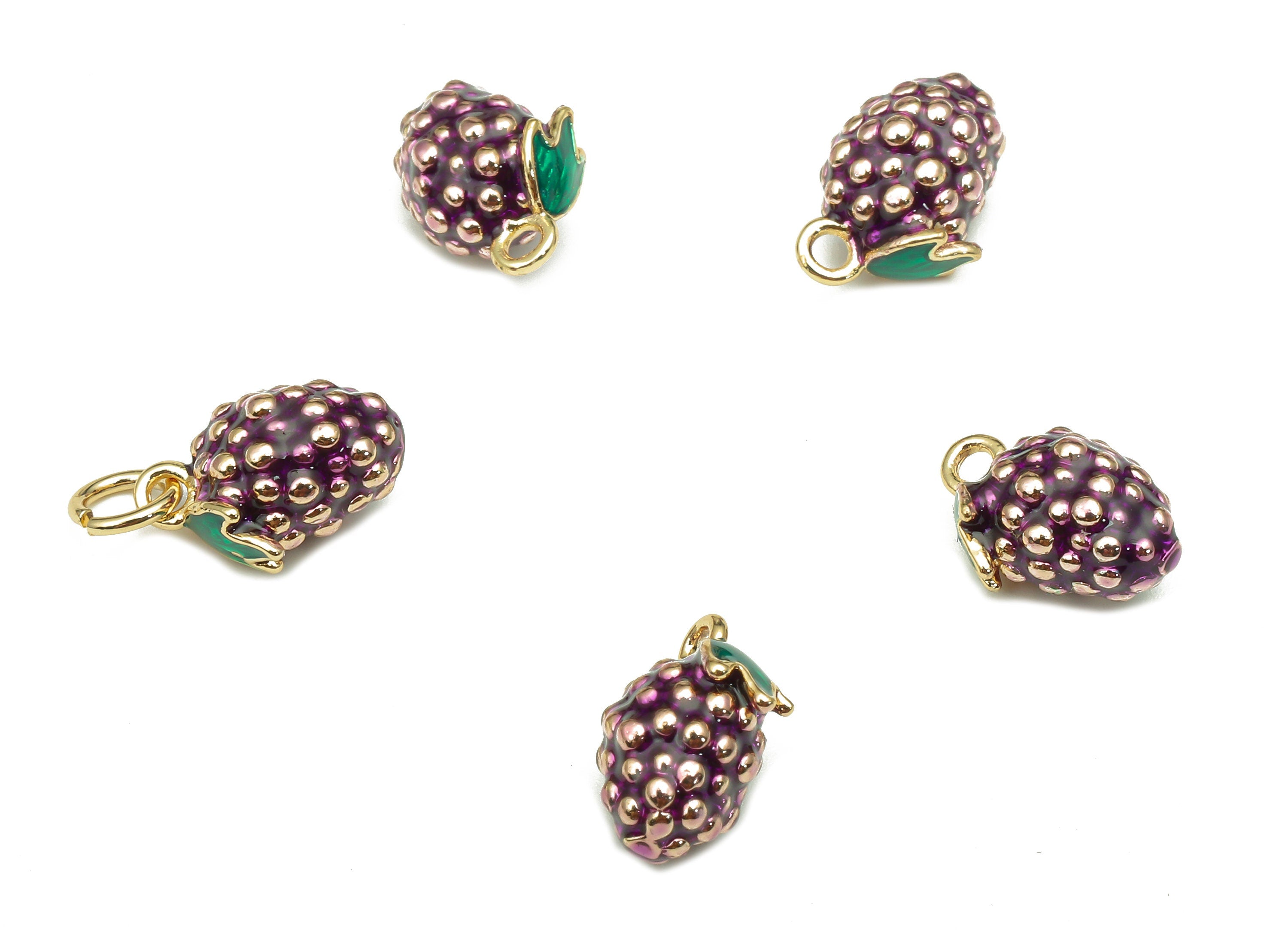 Brass Purple Grape Earring Charm - Enamel Mini Fruit Charm - Fruit Pendant With Loop - 18K Real Gold Plating - 12.1x7.8x6.8mm - RGP5307 - DOMEDBAZAAR