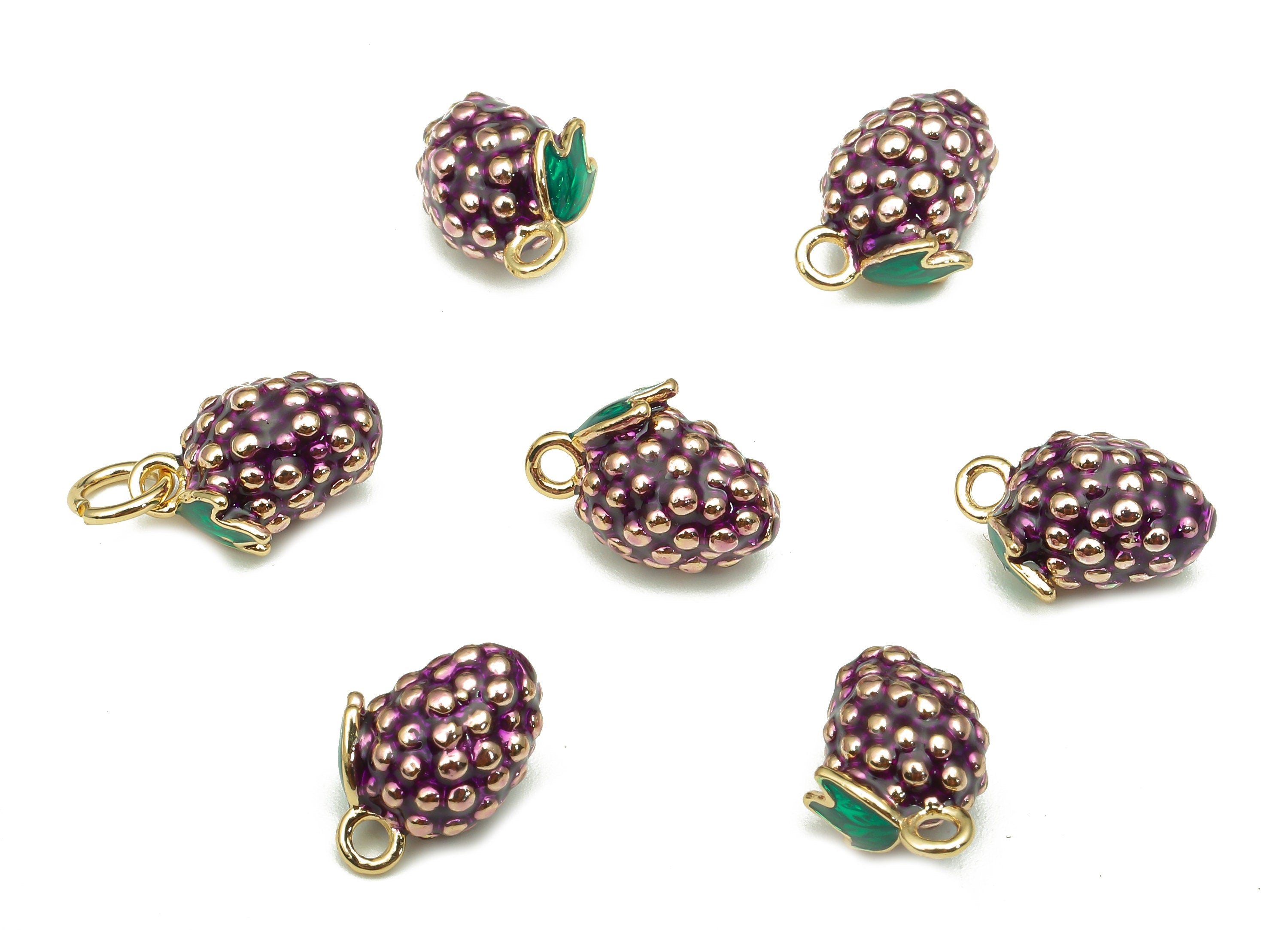 Brass Purple Grape Earring Charm - Enamel Mini Fruit Charm - Fruit Pendant With Loop - 18K Real Gold Plating - 12.1x7.8x6.8mm - RGP5307 - DOMEDBAZAAR