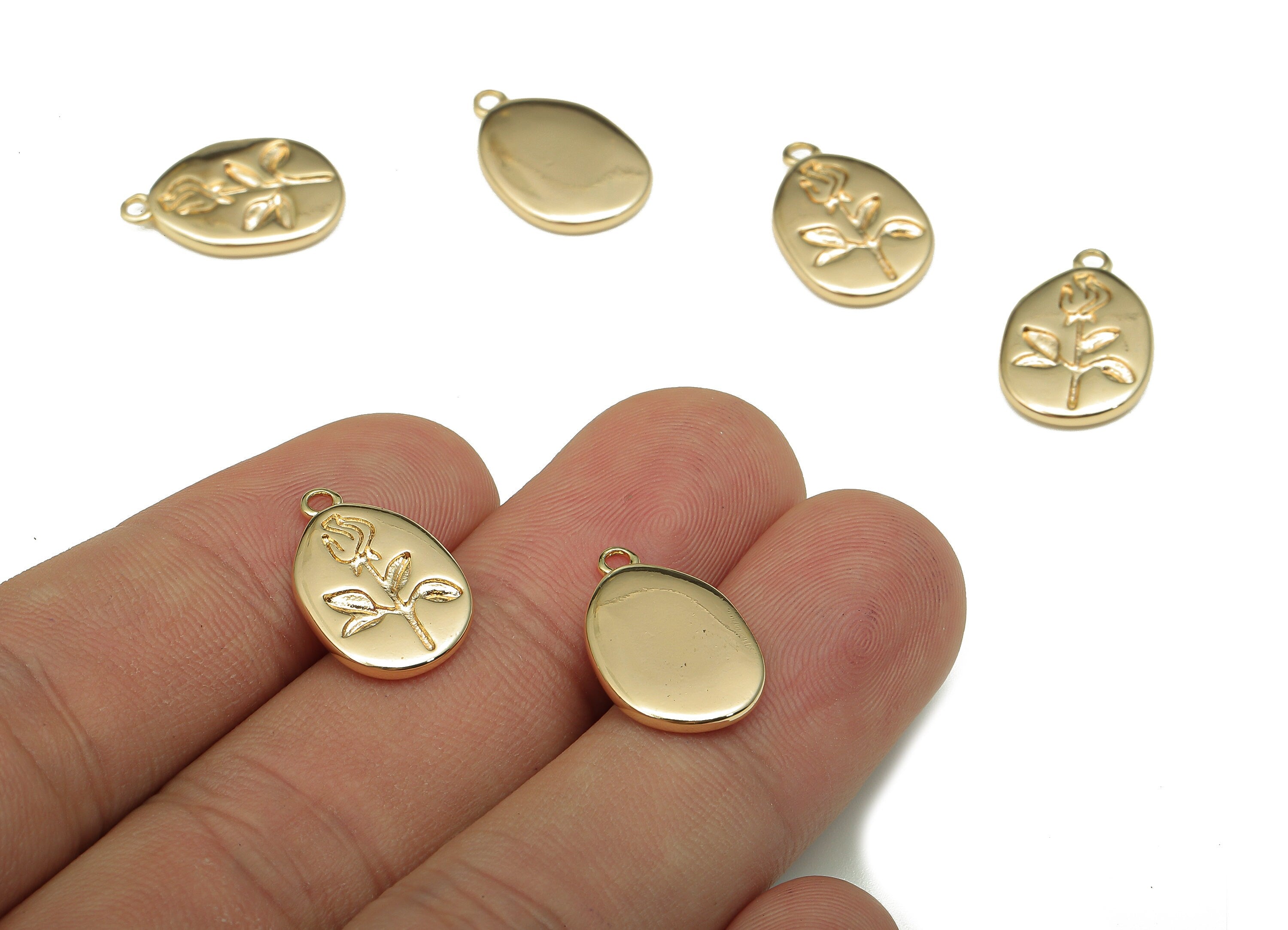 Brass Flowerprint Oval Earring - Pendant With Loop - Flower Engrave Charm For Necklace - 18K Real Gold Plating - 17.5x11.4x1.9mm - RGP5308 - DOMEDBAZAAR