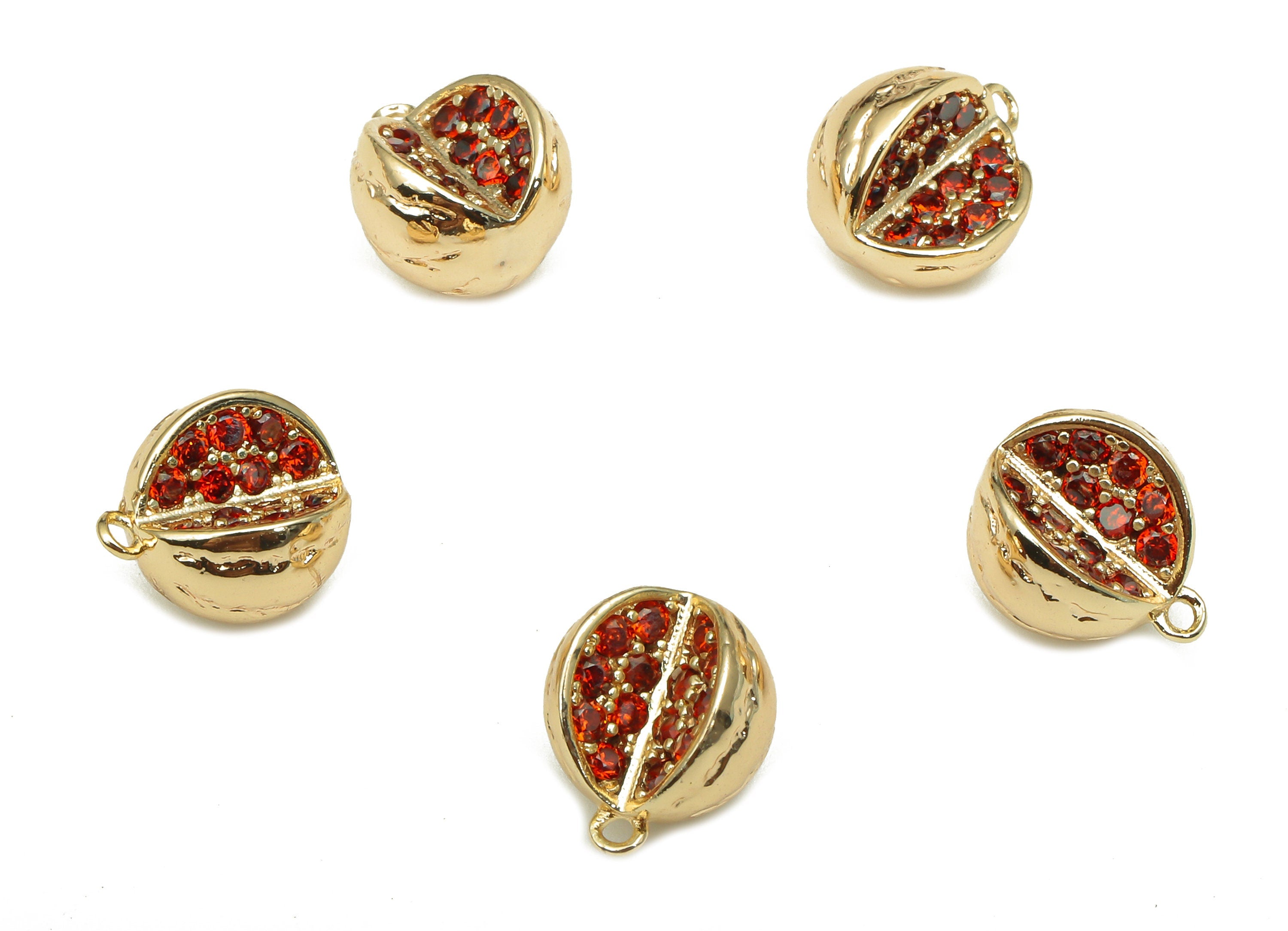 Brass Pomegranate Earring Charm - Gold Mini Fruit Charm - Red Zircon Pendant With Loop - 18K Real Gold Plating -10.5x8.8x7.7mm -RGP5310 - DOMEDBAZAAR