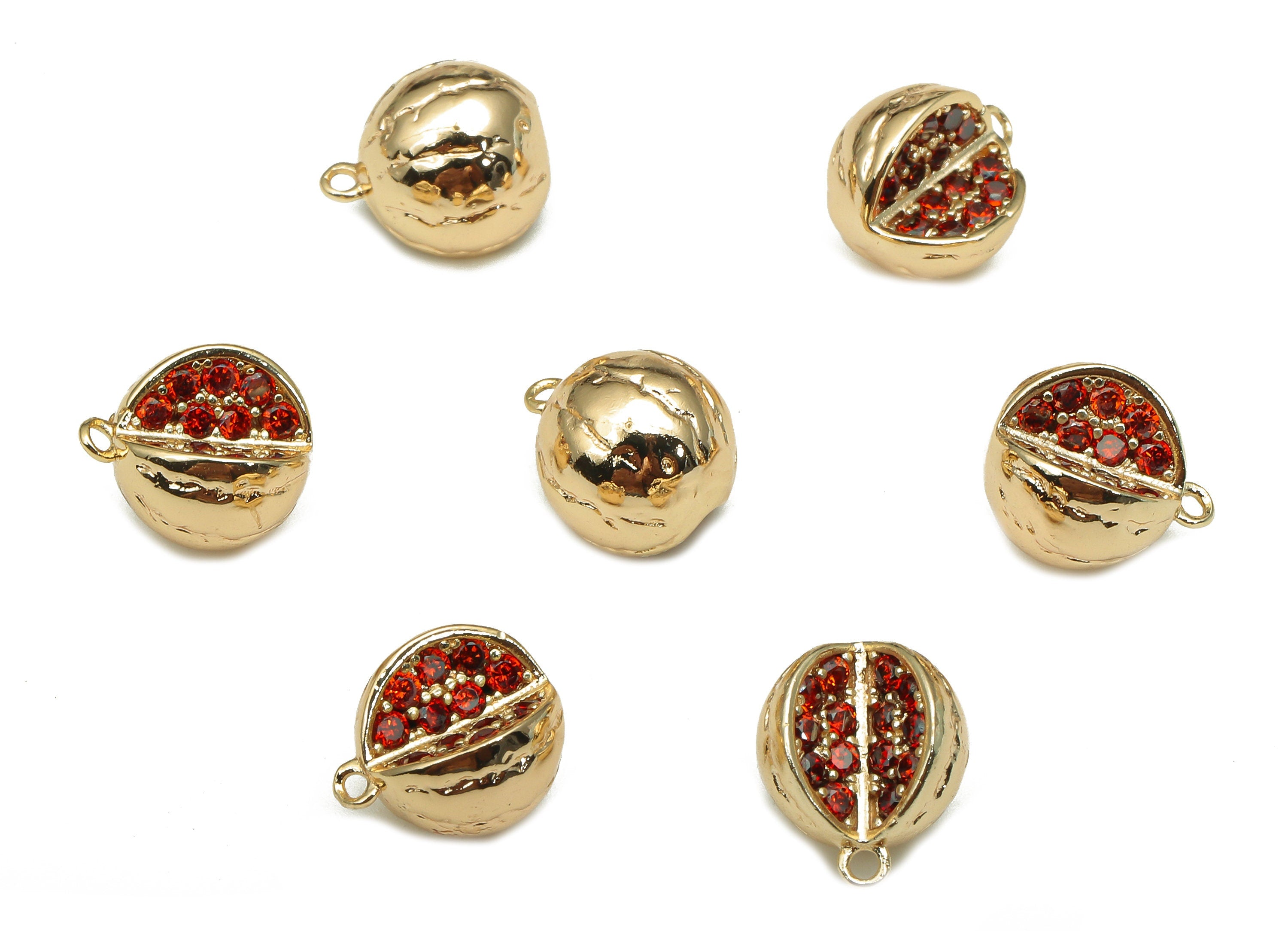 Brass Pomegranate Earring Charm - Gold Mini Fruit Charm - Red Zircon Pendant With Loop - 18K Real Gold Plating -10.5x8.8x7.7mm -RGP5310 - DOMEDBAZAAR