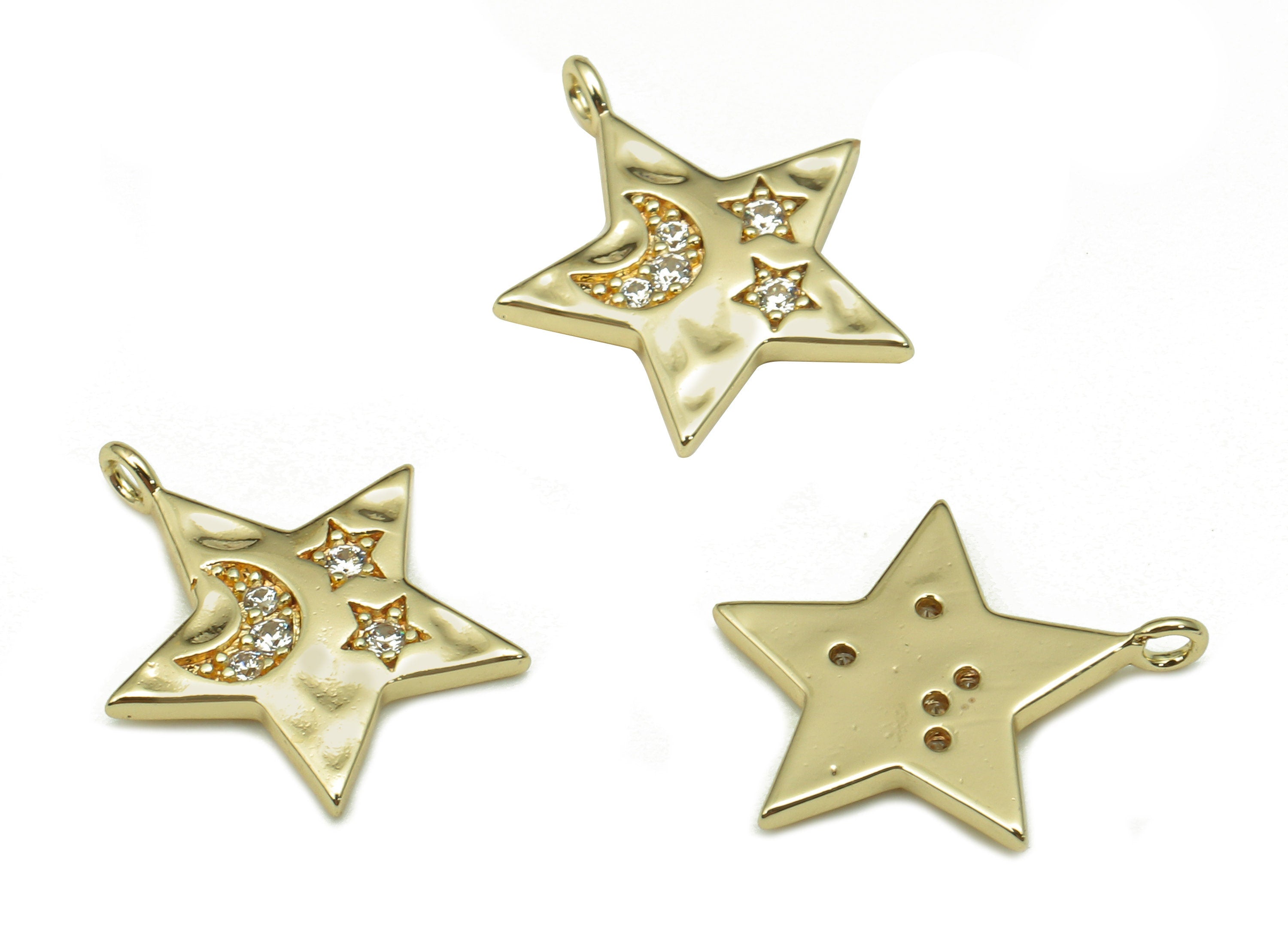 Brass Hammered Star Charm - Zircon Crescent Star Earring - Pendant With Loop - For Necklace - 18K Real Gold Plating -13.1x11.9x1.3mm-RGP5312 - DOMEDBAZAAR