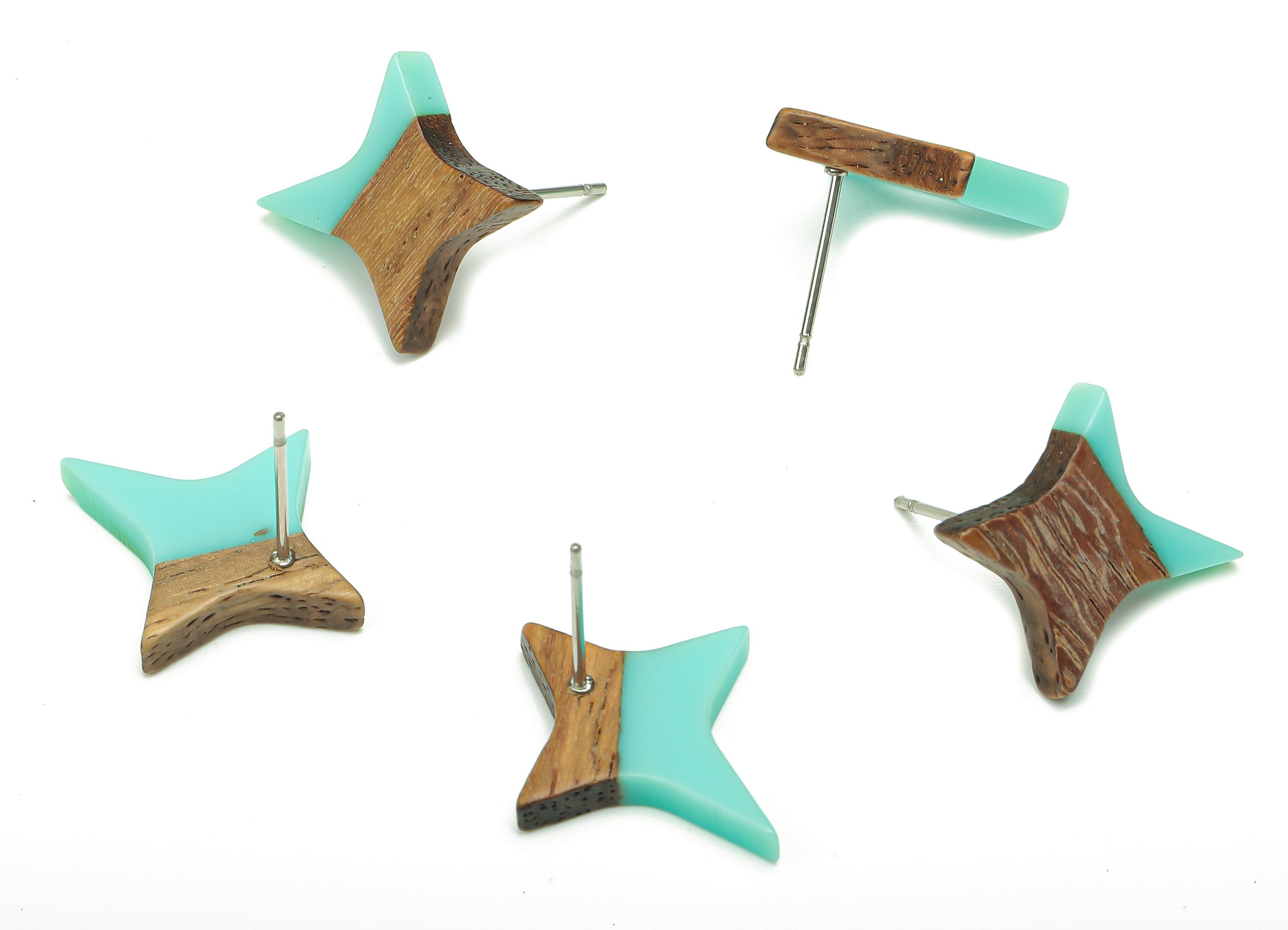 Natural Wooden North Star Earring - Walnut Wood Aqua Resin Four-Pointed Star Earring Post - 316 Stainless Steel Stud-20.1x17.1x3.1mm-BB1259P - DOMEDBAZAAR