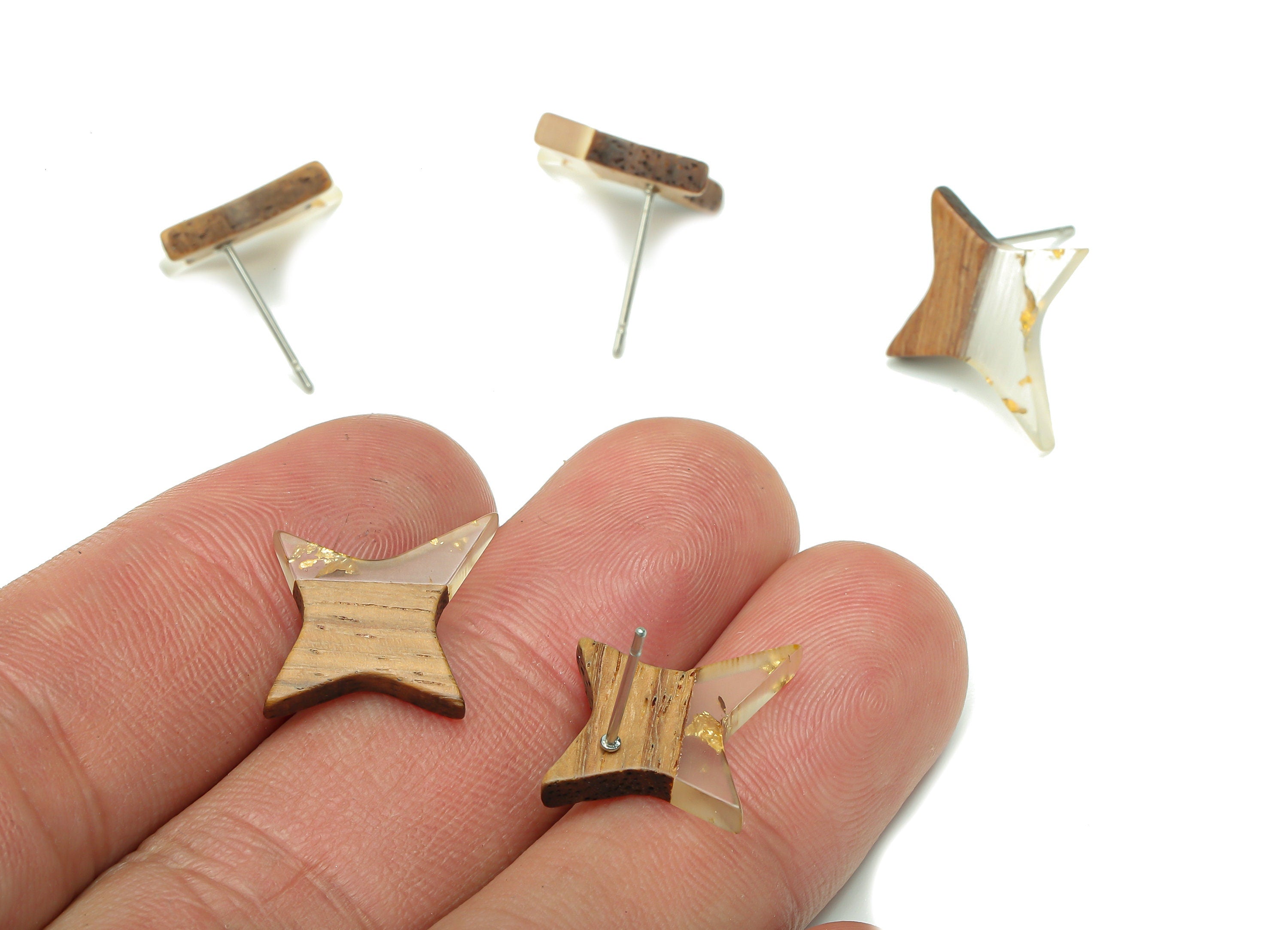 Natural Wooden North Star Earring - Walnut Wood Gold Foil Clear Resin Four-Pointed Star - 316 Stainless Steel Stud -20.1x17.1x3.1mm-BB1259S - DOMEDBAZAAR
