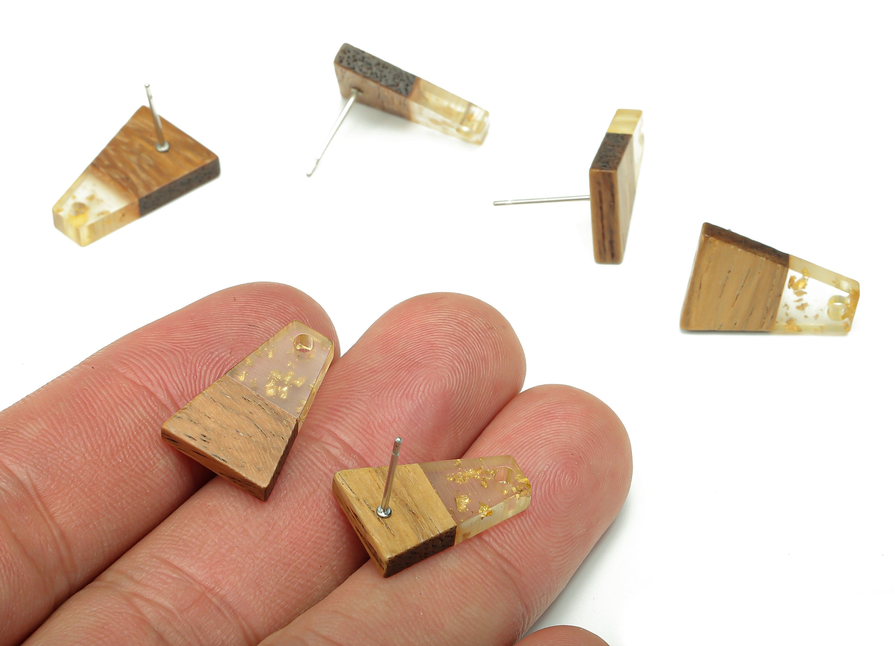 Natural Wooden Trapezoid Earring Stud - Walnut Wood Gold Foil Clear Resin Earring Post - 316 Stainless Steel Stud - 17.9x12.4x2.5mm -BB1260C - DOMEDBAZAAR