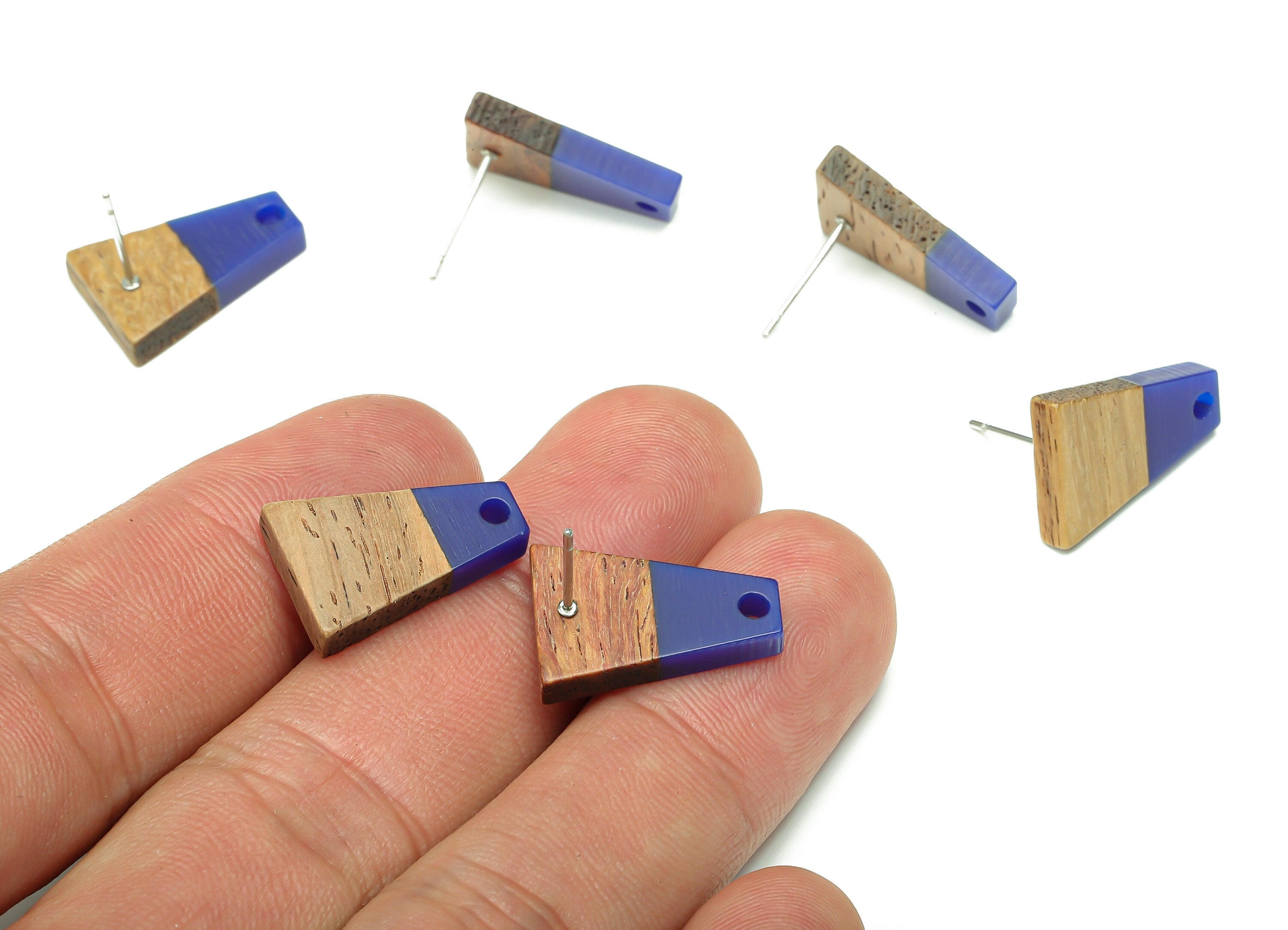 Natural Wooden Trapezoid Earring Stud - Walnut Wood Dark Blue Resin Earring Post - 316 Stainless Steel Stud - 17.86x12.37x2.5mm - BB1260D - DOMEDBAZAAR