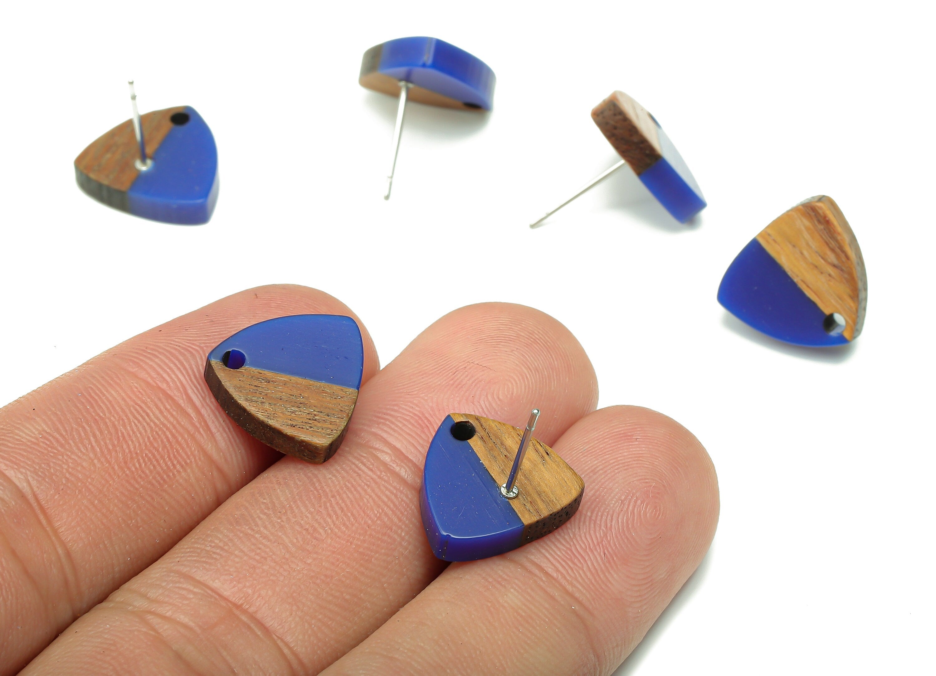 Natural Wooden Shield Earring Stud - Walnut Wood Dark Blue Resin Earring Post - 316 Stainless Steel Stud - 14.1x13.1x3.6mm - BB1263C - DOMEDBAZAAR