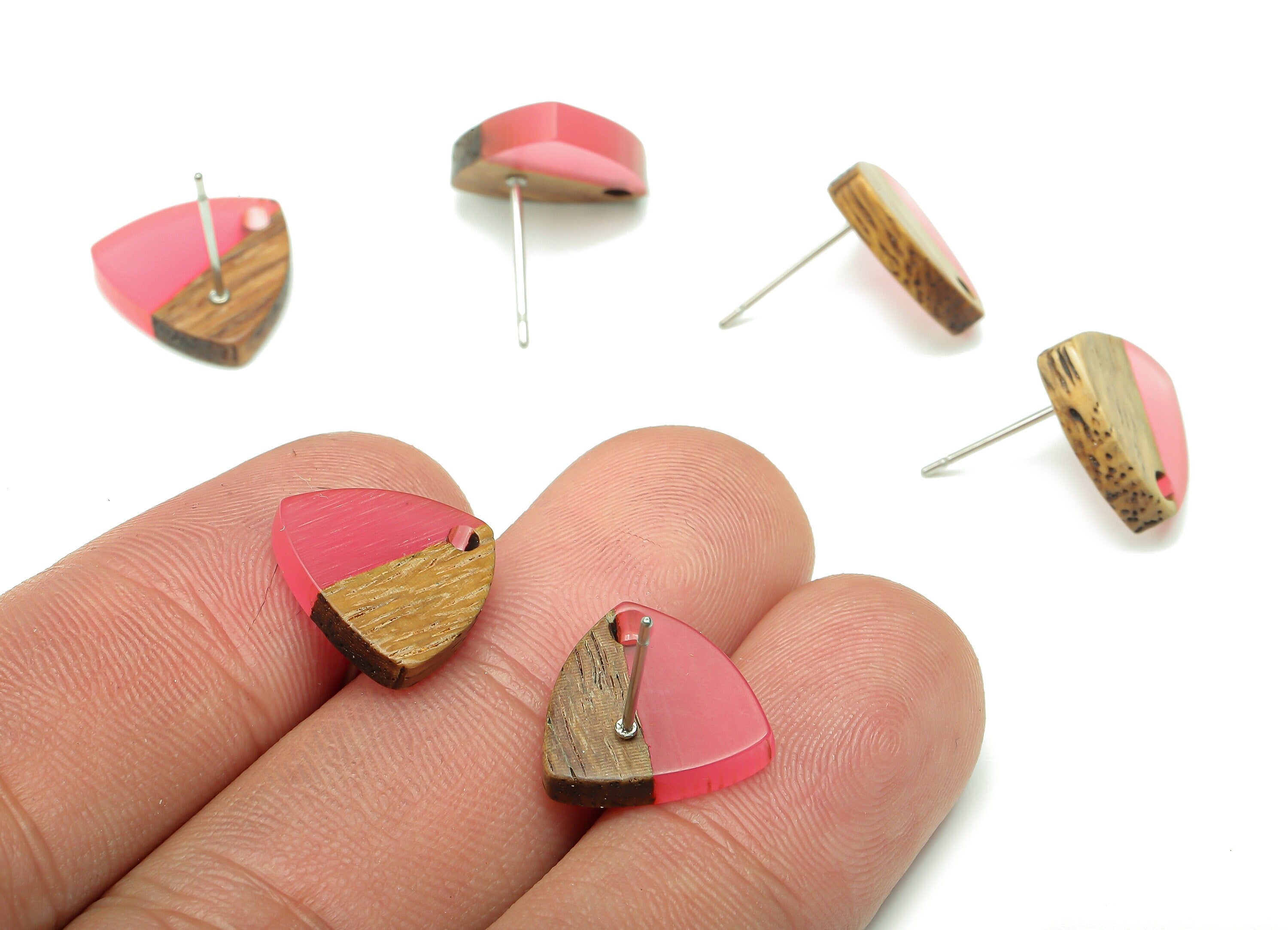 Natural Wooden Shield Earring Stud - Walnut Wood Light Red Resin Earring Post - 316 Stainless Steel Stud - 14.1x13.1x3.6mm - BB1263E - DOMEDBAZAAR